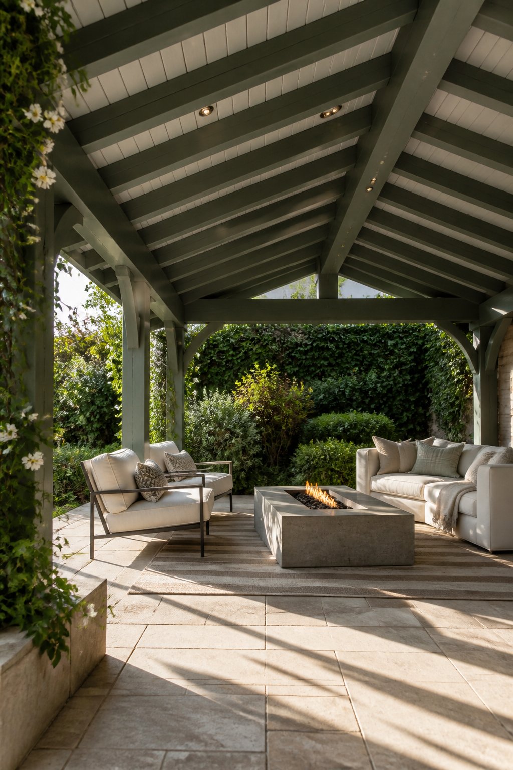 A covered patio with gray-green beams, cream lounge chairs, a fire table, limestone flooring, and climbing jasmine.
