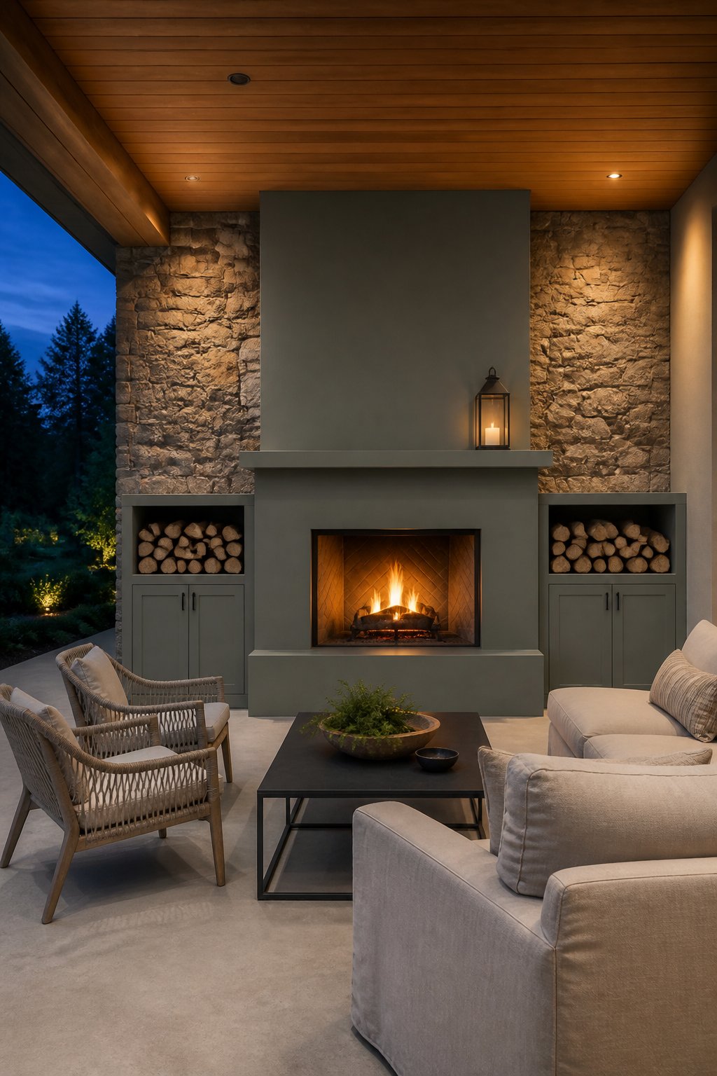 A covered patio with a gray-green stucco fireplace, stacked firewood, outdoor seating, stone walls, and warm lighting at dusk.