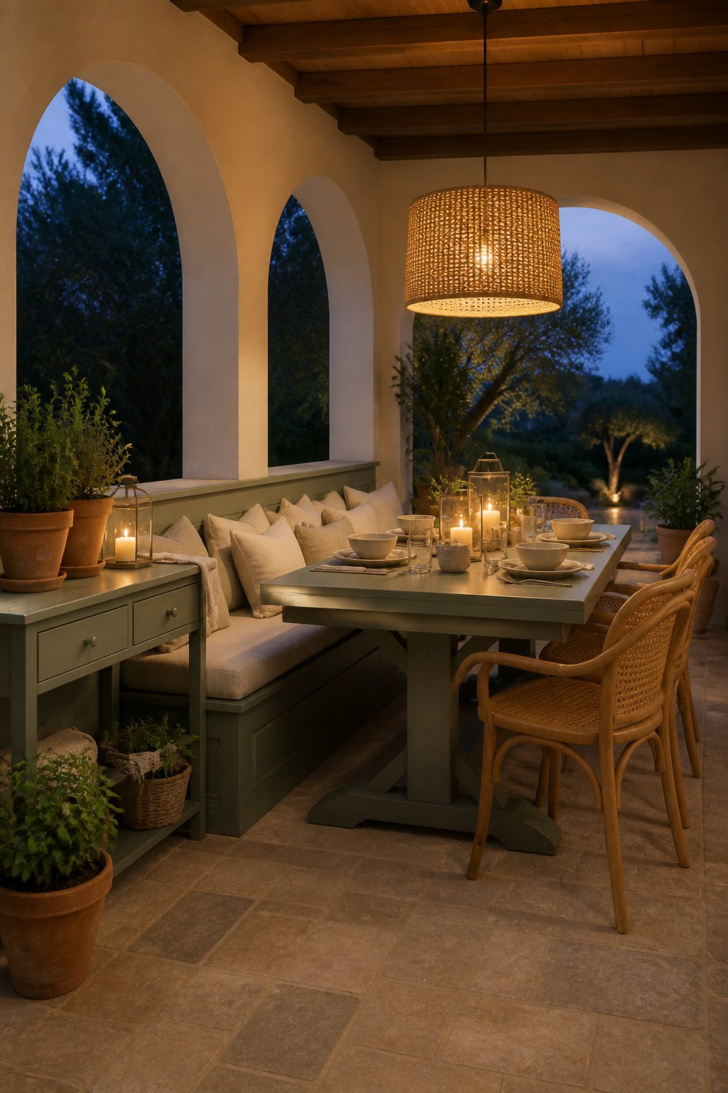 A covered patio dining nook with a farmhouse table, corner bench, cane chairs, plants, pendant light, and candle lanterns at dusk.