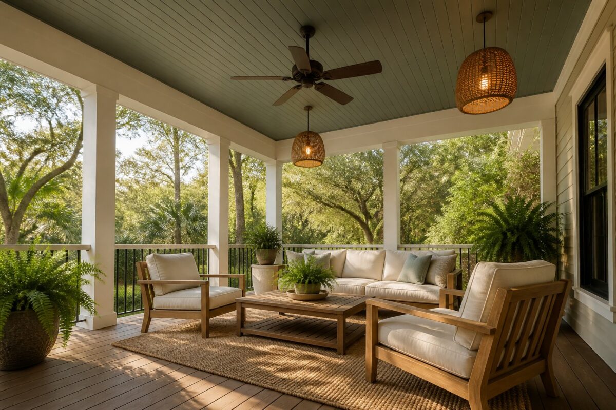 A covered patio with a gray-green tongue-and-groove ceiling, warm white framing, teak lounge chairs, pendant lights, potted ferns, and dappled afternoon sunlight.