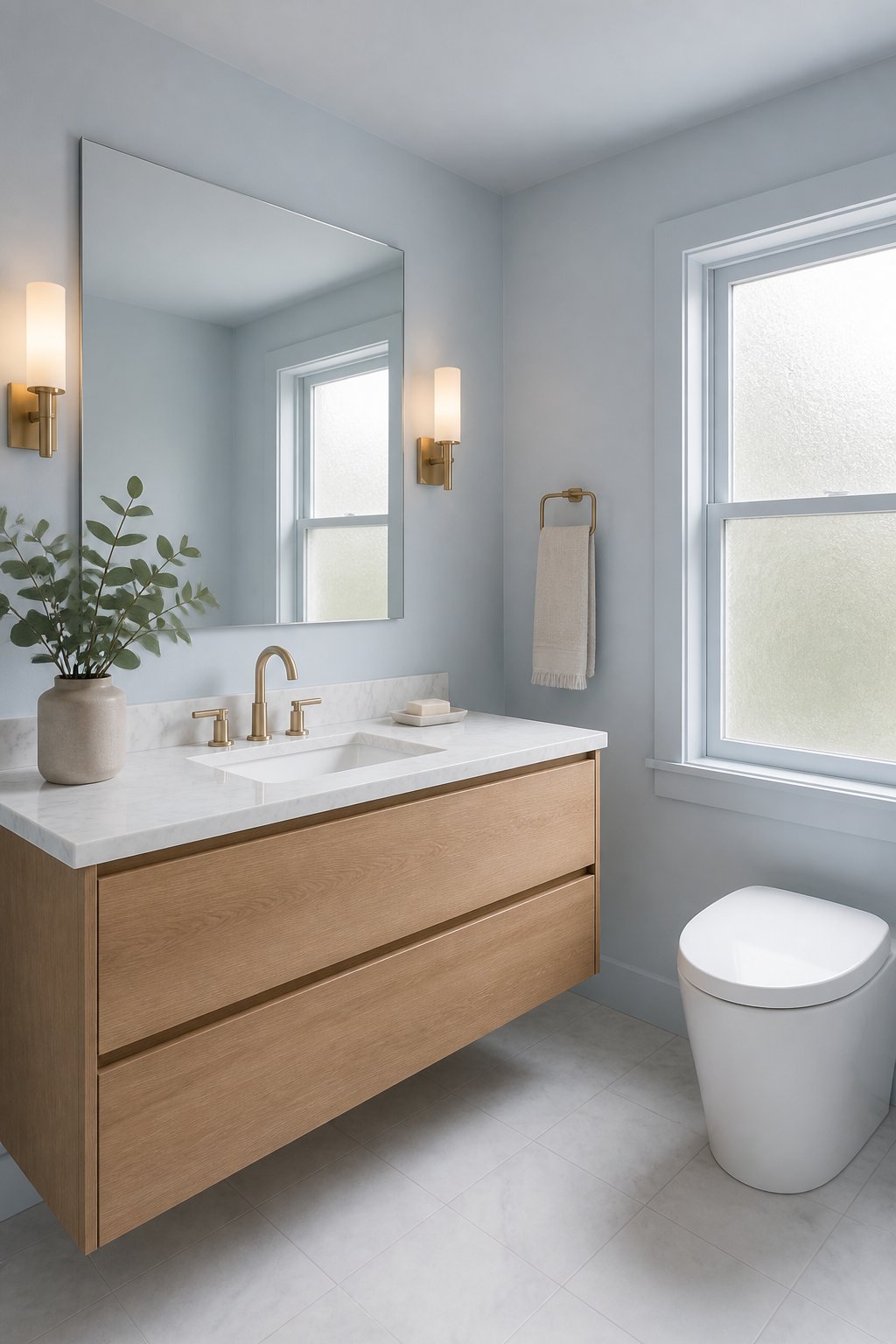 A small serene bathroom with muted sky-blue walls and ceiling, a light wood floating vanity, brass fixtures, a marble countertop, a mirror, a toilet, towels, and eucalyptus.