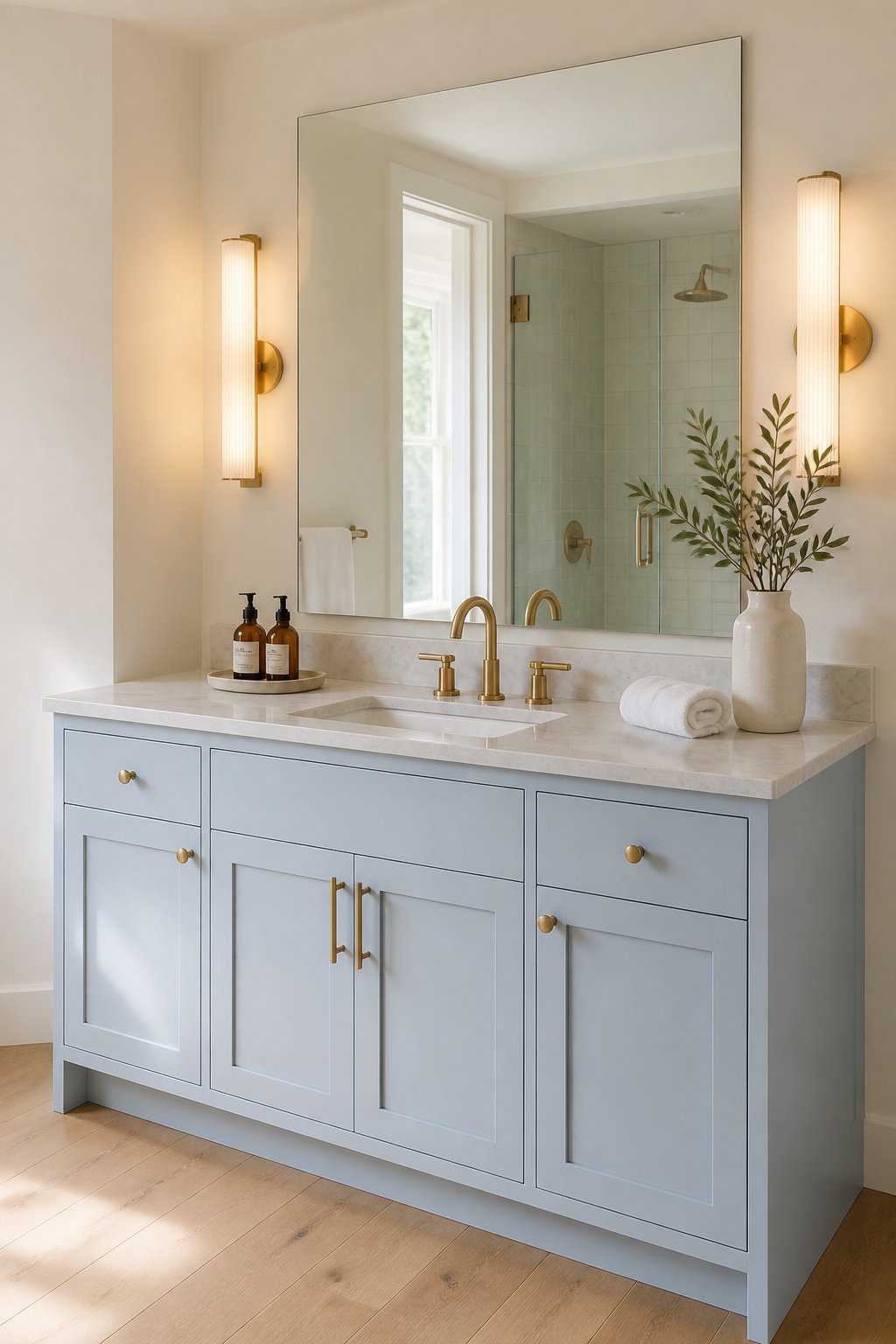 A transitional bathroom with a muted blue Shaker vanity, brass fixtures, a frameless mirror, warm lighting, and light oak flooring.