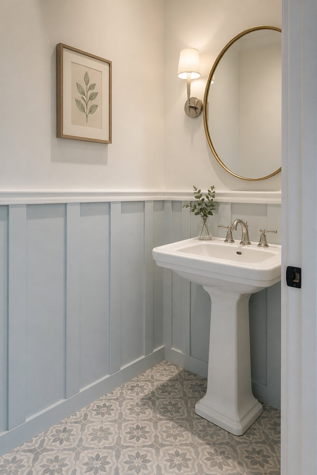 A traditional powder room with sky-blue board-and-batten walls, a white pedestal sink, a round mirror, a wall sconce, and a patterned tile floor.