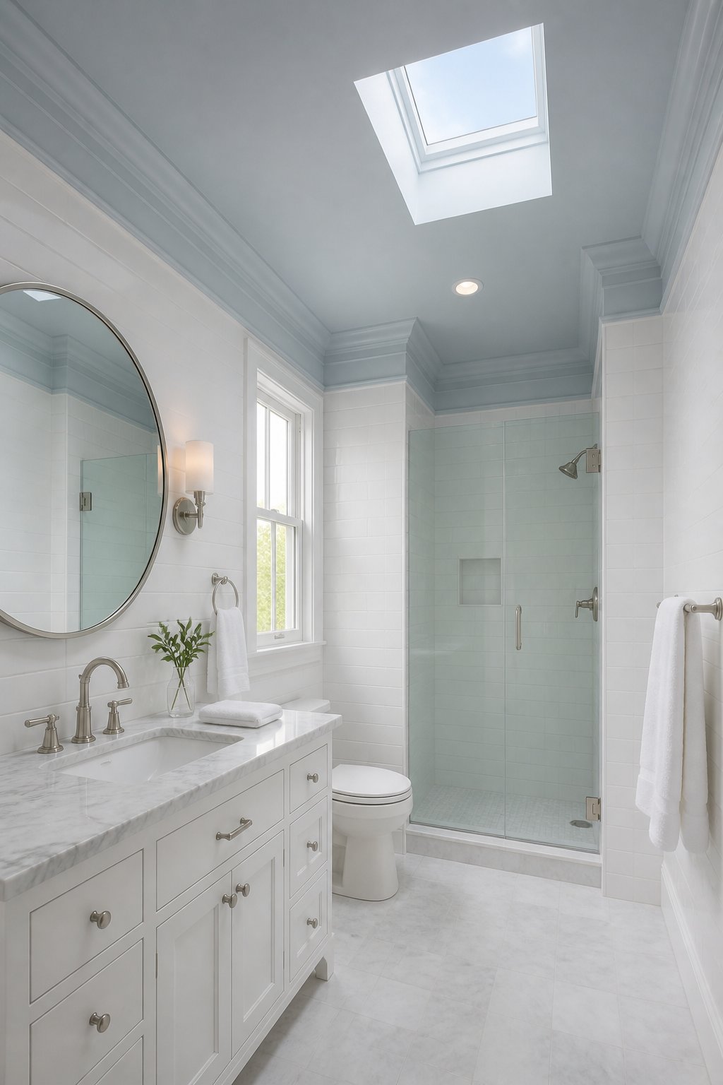 Bright bathroom with white subway-tile walls, a blue ceiling, a marble vanity, a round mirror, and a skylight.