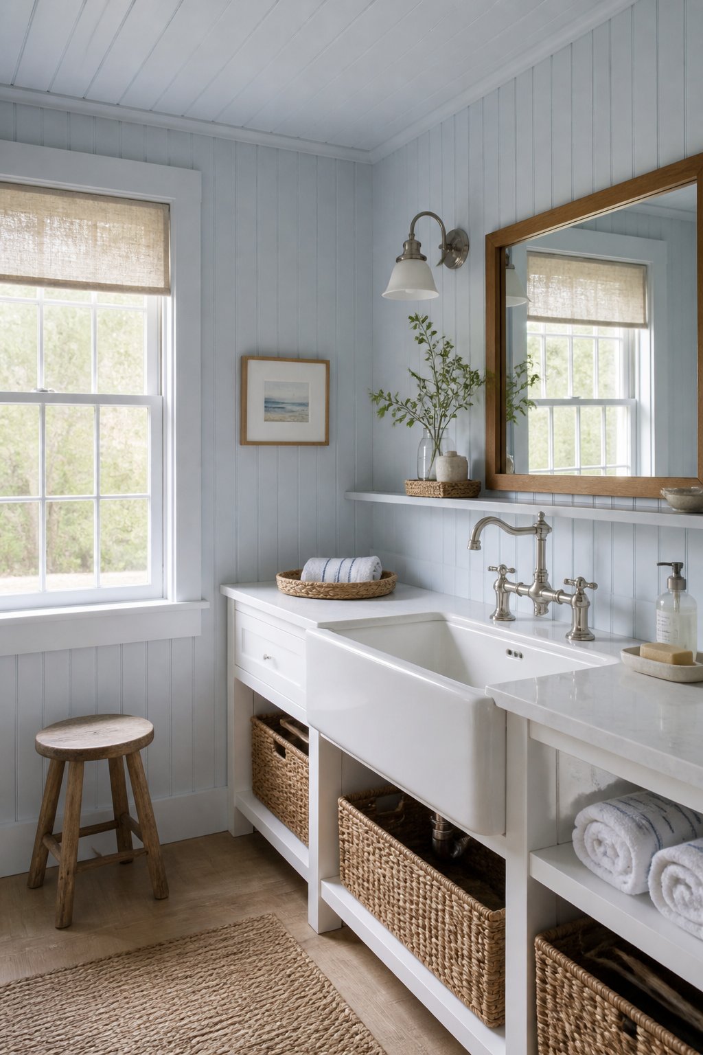 A blue coastal cottage bathroom with a farmhouse sink, woven baskets, striped towels, a wooden stool, and a window.