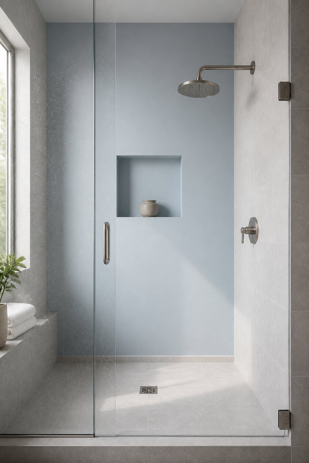 A modern walk-in shower with pale gray tile, muted blue walls, brushed-nickel fixtures, and a recessed shelf behind clear glass.