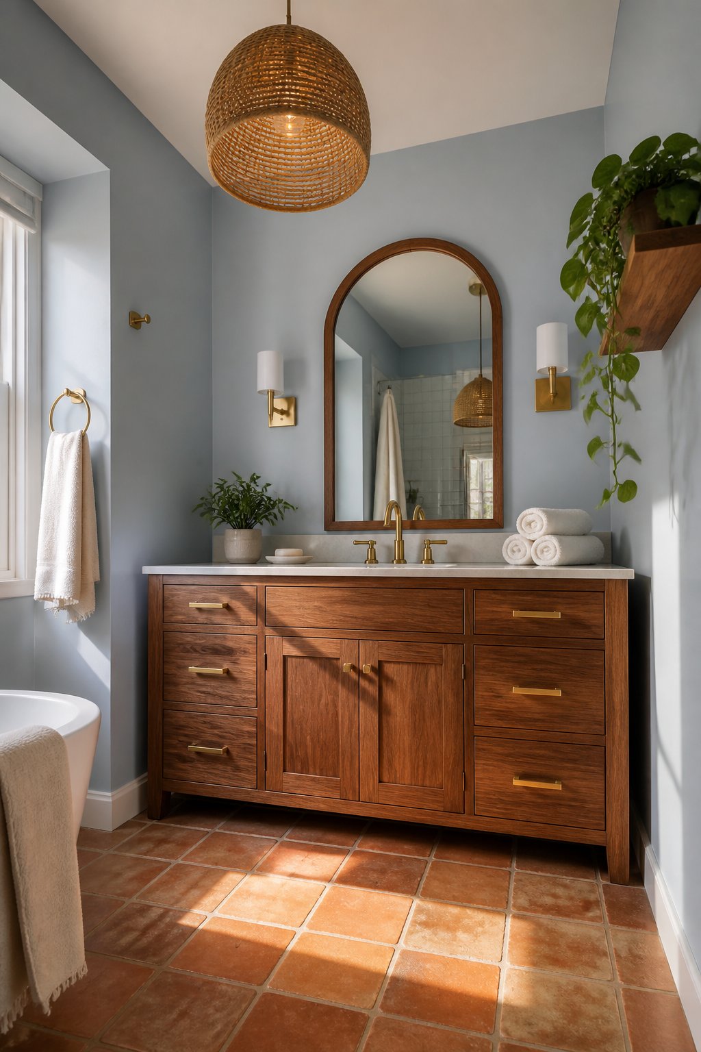 Sunlit bathroom with blue-gray walls, a walnut vanity, brass fixtures, an arched mirror, terracotta flooring, and a trailing pothos plant.