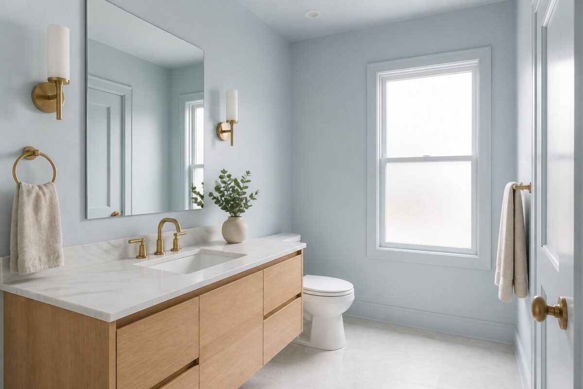 A small serene bathroom with muted sky-blue walls and ceiling, a wood vanity, marble counter, brass fixtures, mirror, towels, and a potted eucalyptus plant.
