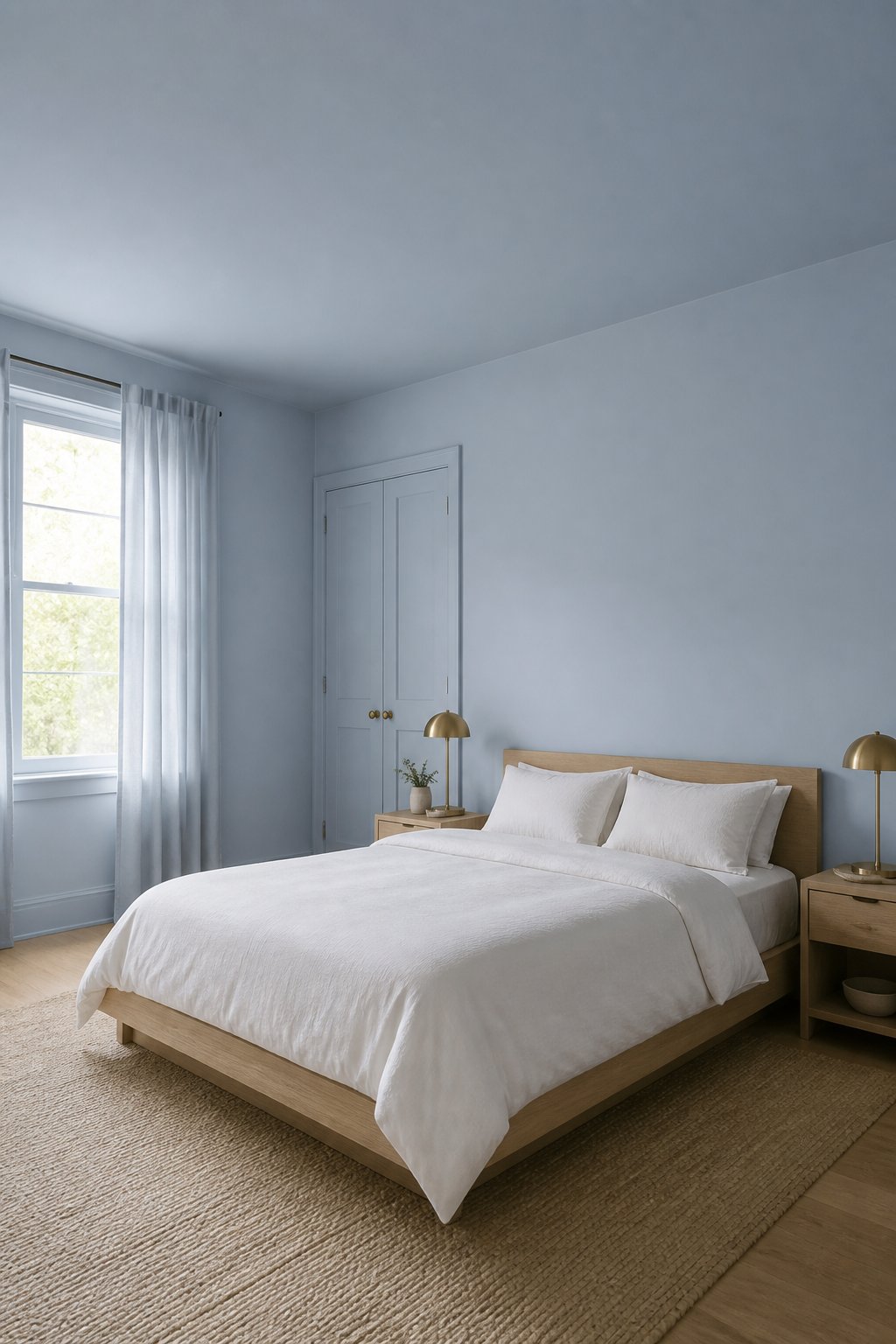 A calm blue-gray bedroom with a low wooden bed, white bedding, matching nightstands, brass lamps, and curtains beside a sunlit window.