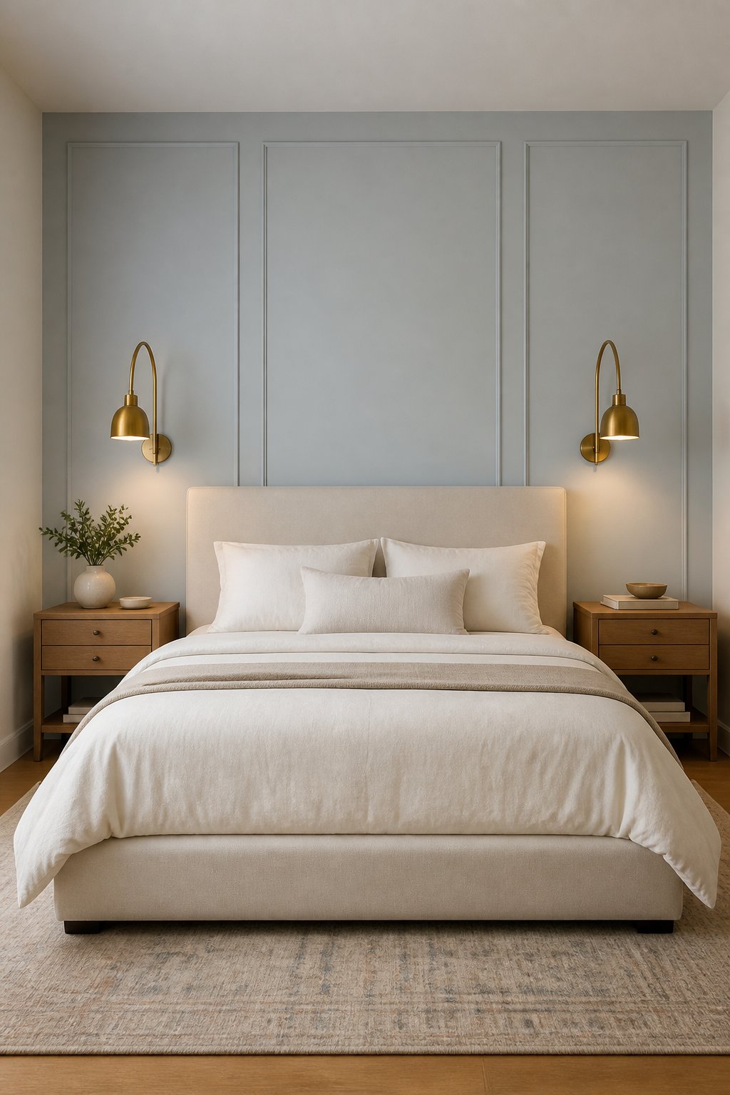 A modern bedroom with a cream bed against a blue-gray paneled wall, flanked by wood nightstands and brass wall sconces.