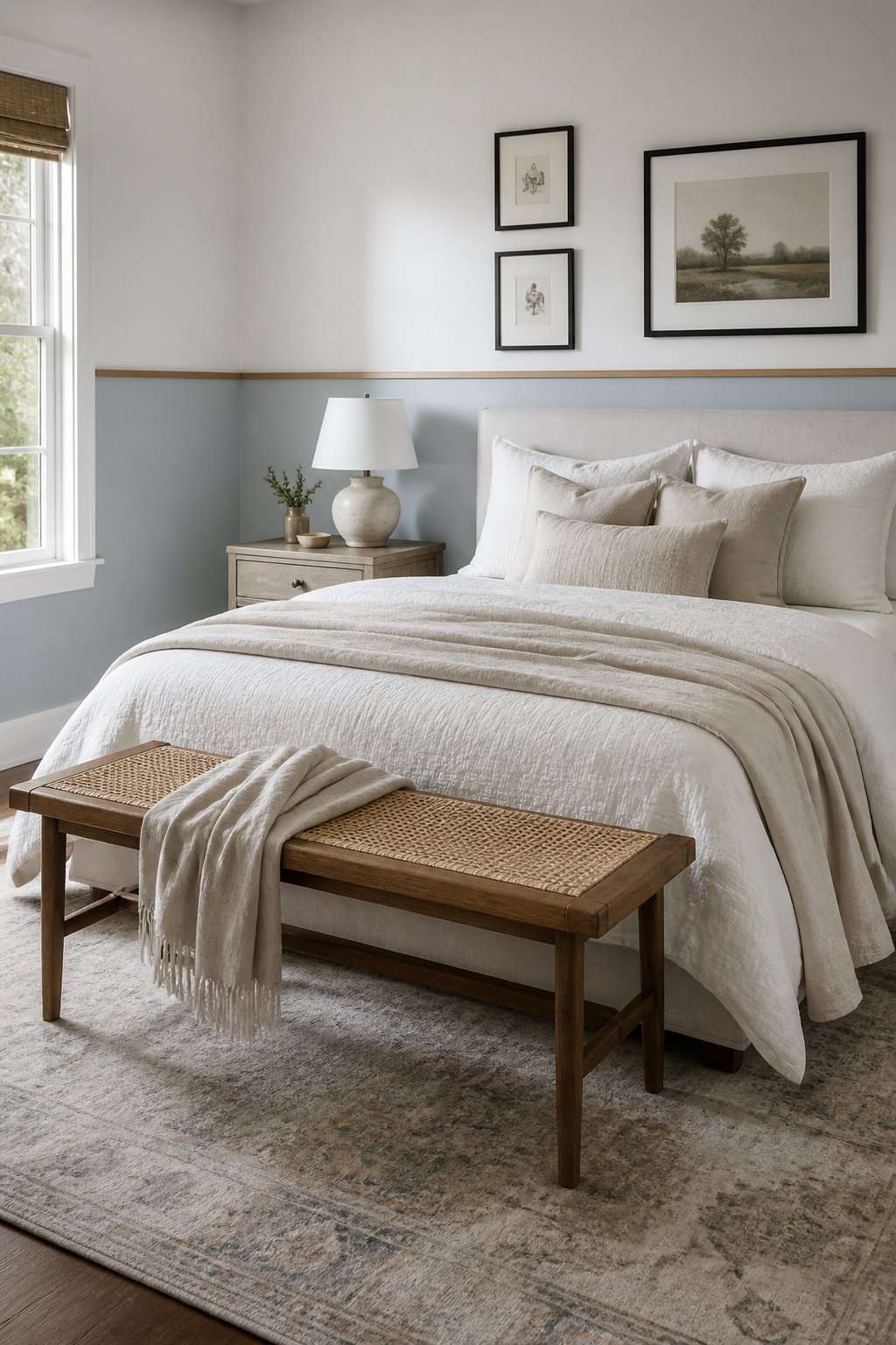 A bright bedroom with a blue lower wall, white upper wall, layered bed, cane bench, vintage runner rug, and framed artwork.