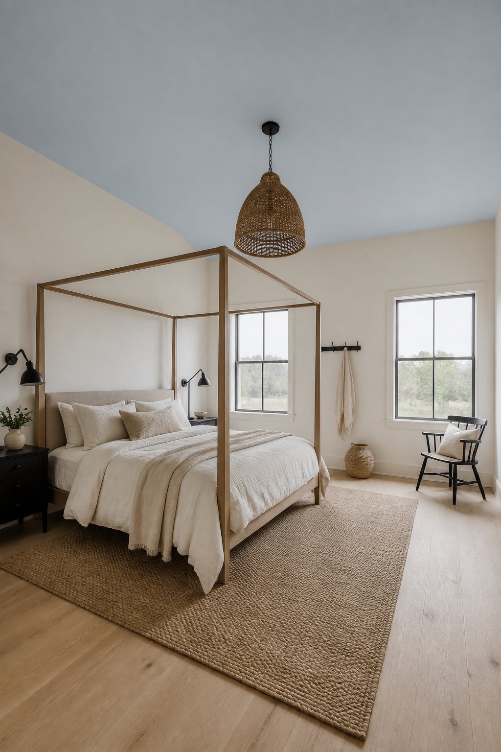 An airy bedroom with warm white walls, a muted blue ceiling, a four-poster bed, oak flooring, and soft daylight from two windows.