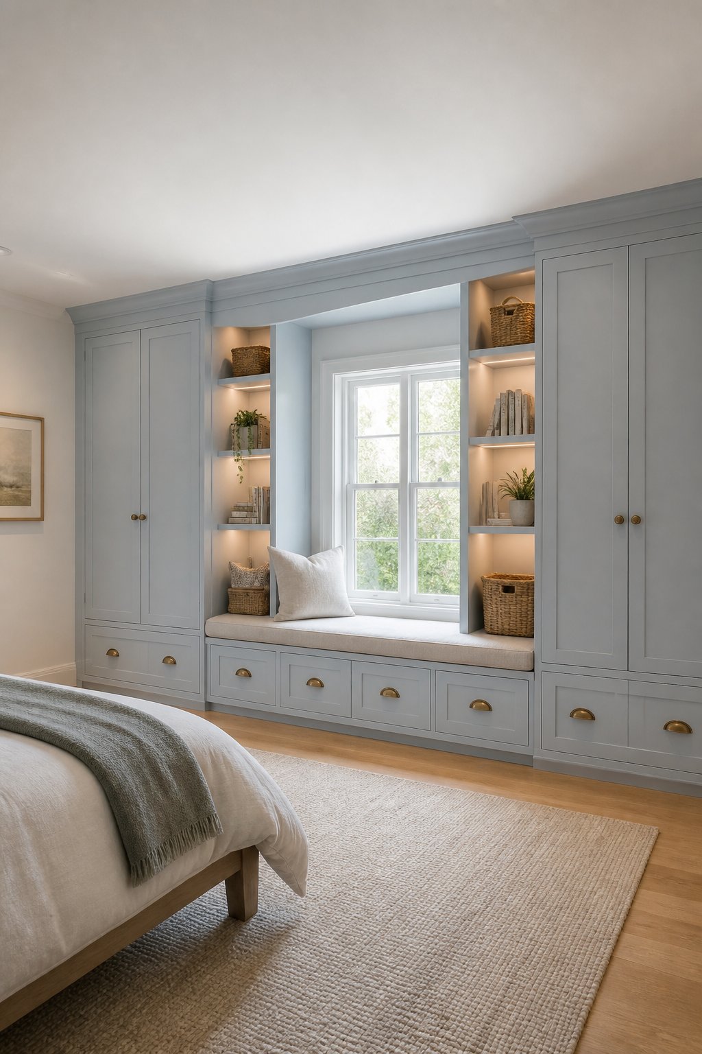 A bedroom with blue built-in wardrobes, open shelves, and a cushioned window seat beneath a central window.