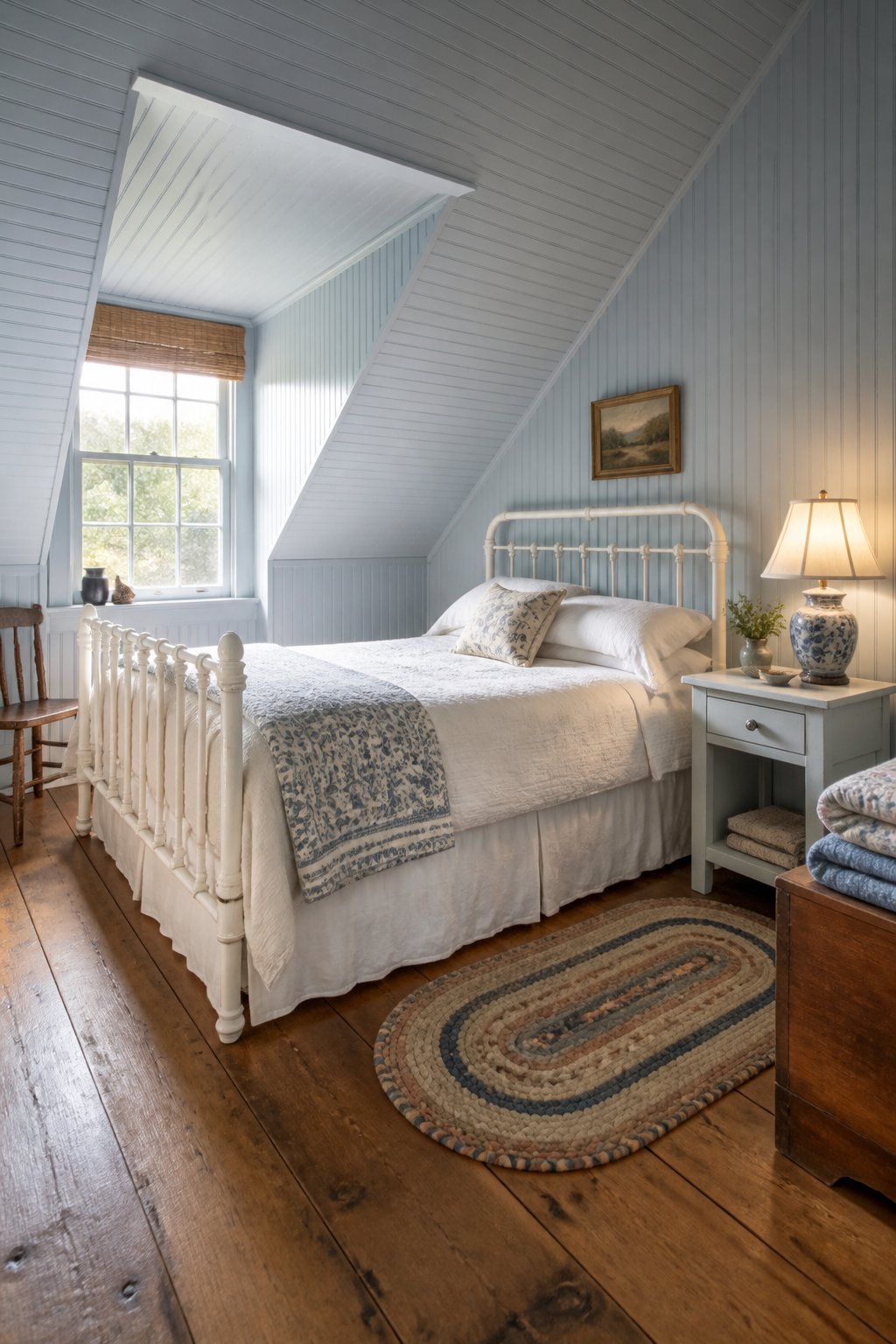 A cozy attic guest bedroom with blue beadboard walls and ceiling, a white iron bed, a bedside lamp, a small rug, and warm light from a dormer window.