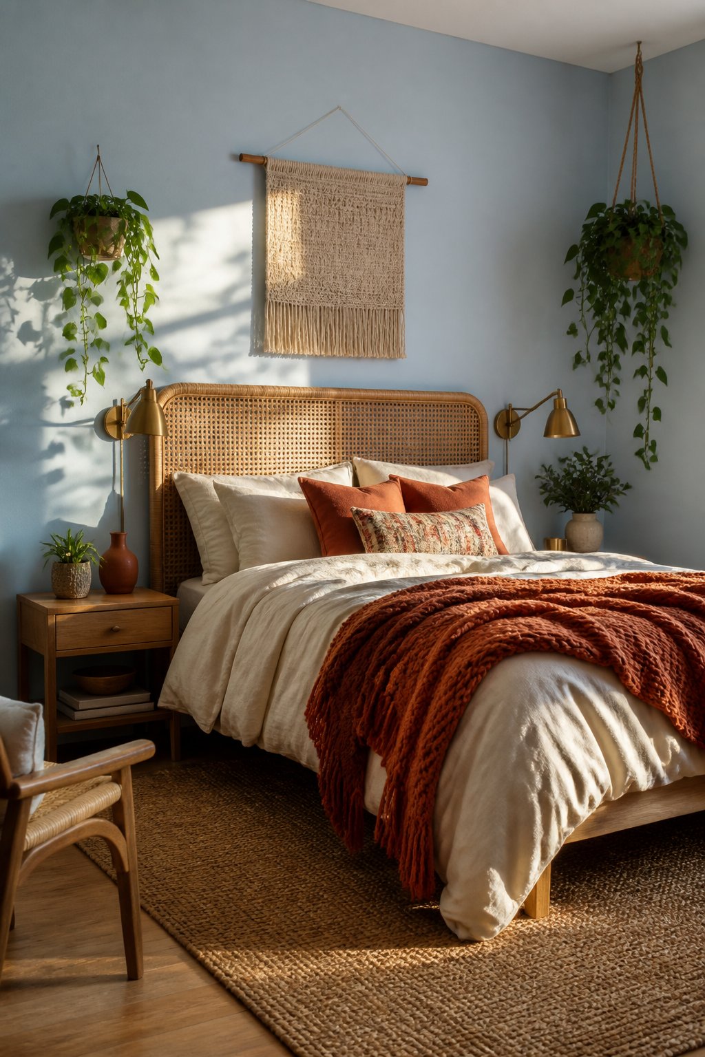 A cozy bedroom with muted sky-blue walls, cream bedding, terracotta textiles, a rattan headboard, plants, and warm sunlight.