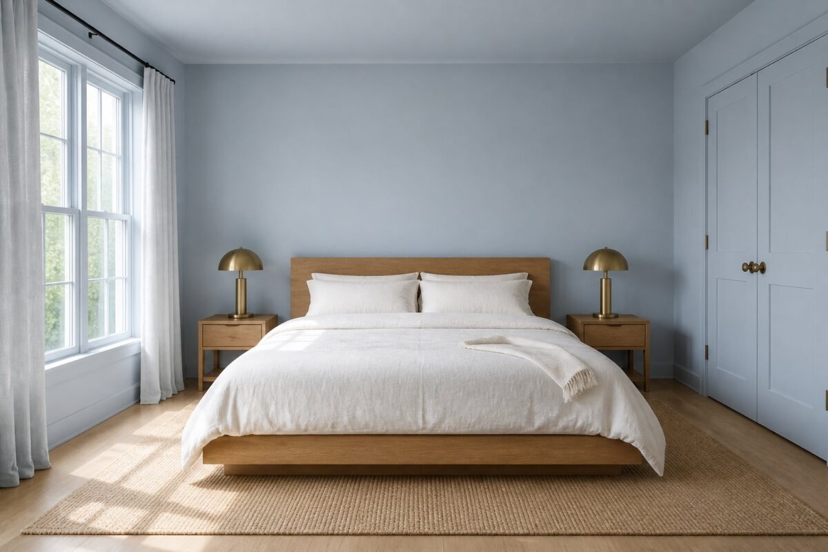 A calm primary bedroom with blue walls and ceiling, a low oak bed, white bedding, matching nightstands, brass lamps, and pale curtains beside a large window.