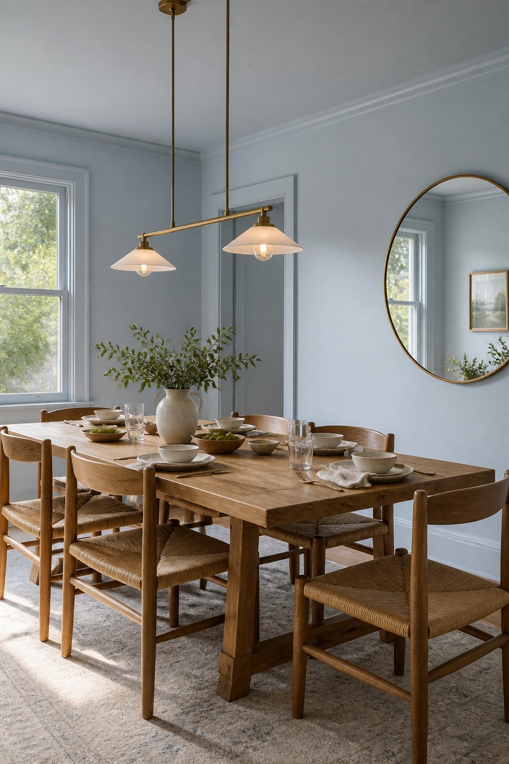 A calm blue dining room with an oak table, woven chairs, a brass pendant light, a rug, and a round wall mirror.