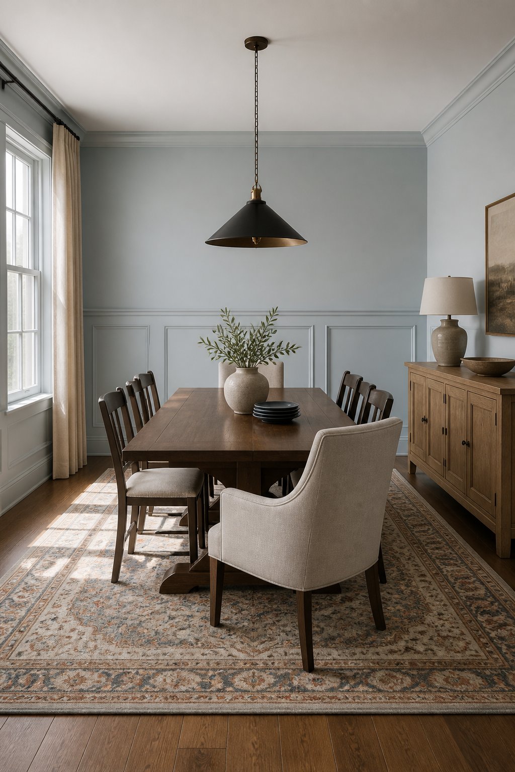 Traditional dining room with blue paneled walls, a dark wood table, upholstered chairs, a black pendant light, a patterned rug, and an oak sideboard.