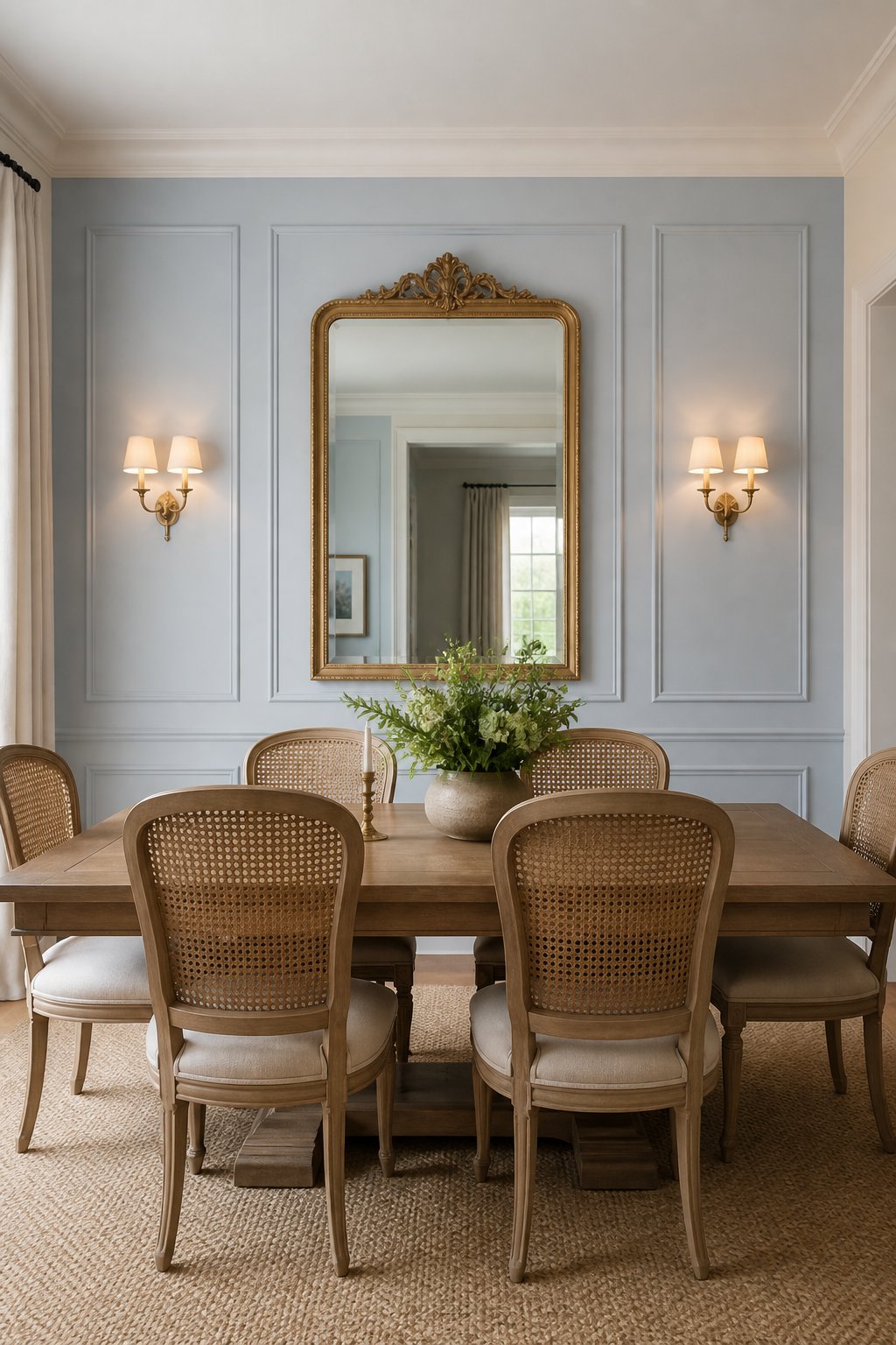 A dining room with a muted blue picture-frame feature wall, gilt mirror, wooden table, cane-back chairs, and brass wall sconces.