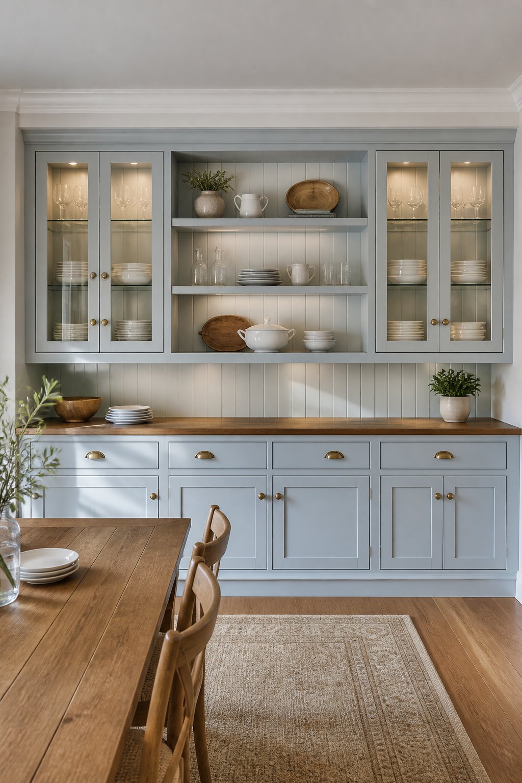 Dining room with blue built-in buffet cabinets, open shelves, glass doors, dishes, glassware, and warm lighting.