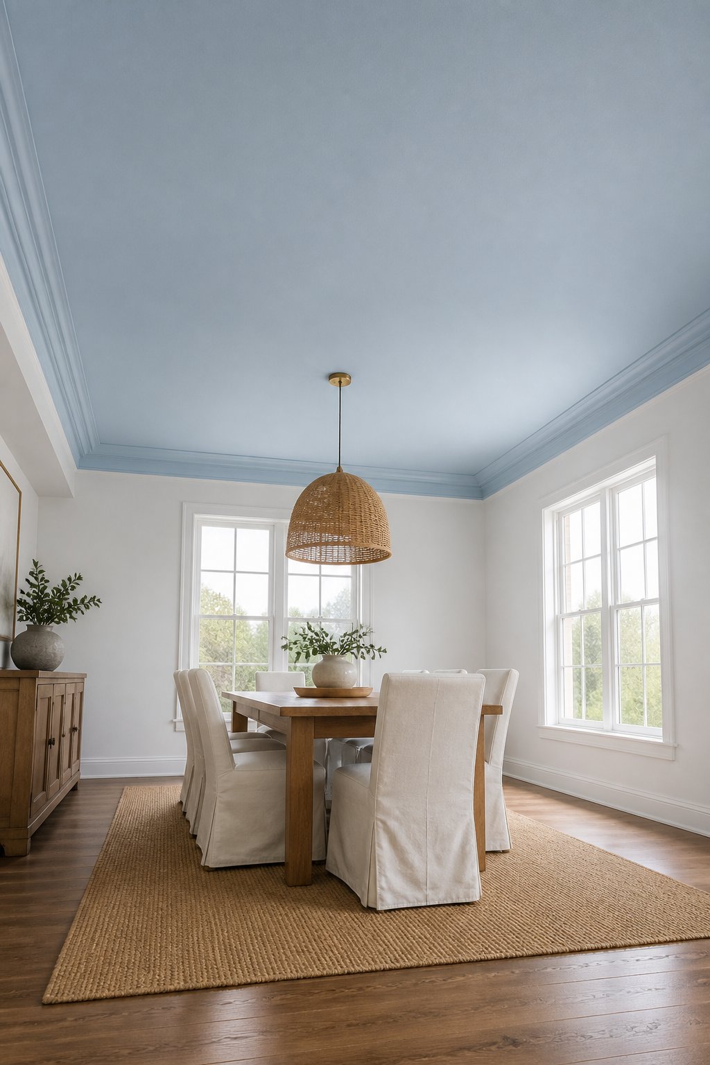 A bright dining room with white walls, a muted blue ceiling, a wood table, covered chairs, a woven pendant light, and a jute rug.