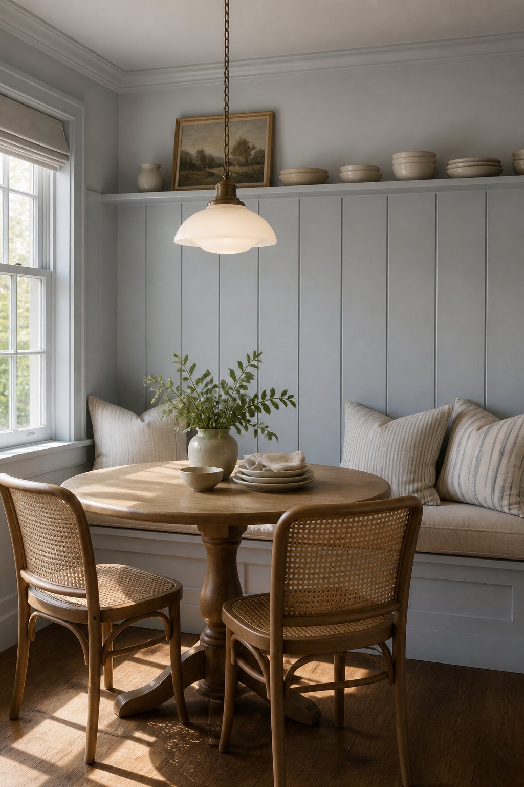 A cozy blue-paneled breakfast nook with a built-in bench, round table, cane chairs, pendant light, striped pillows, and plates on a rail.