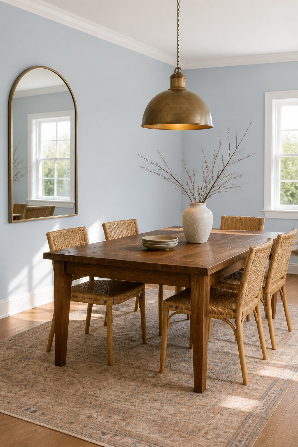 A sunlit dining room with muted sky-blue walls, a walnut table, rattan chairs, a brass pendant light, an arched mirror, and a vase of bare branches.