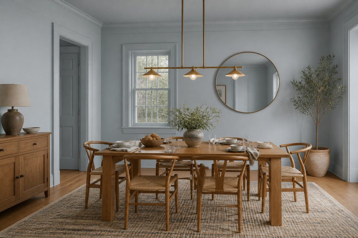 A calm blue dining room with an oak table, woven chairs, a brass pendant light, a rug, and a round wall mirror.