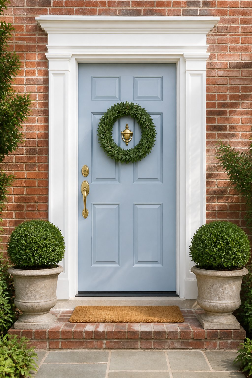 A soft blue six-panel front door with white trim on a red brick house, decorated with a green wreath and flanked by boxwood planters.
