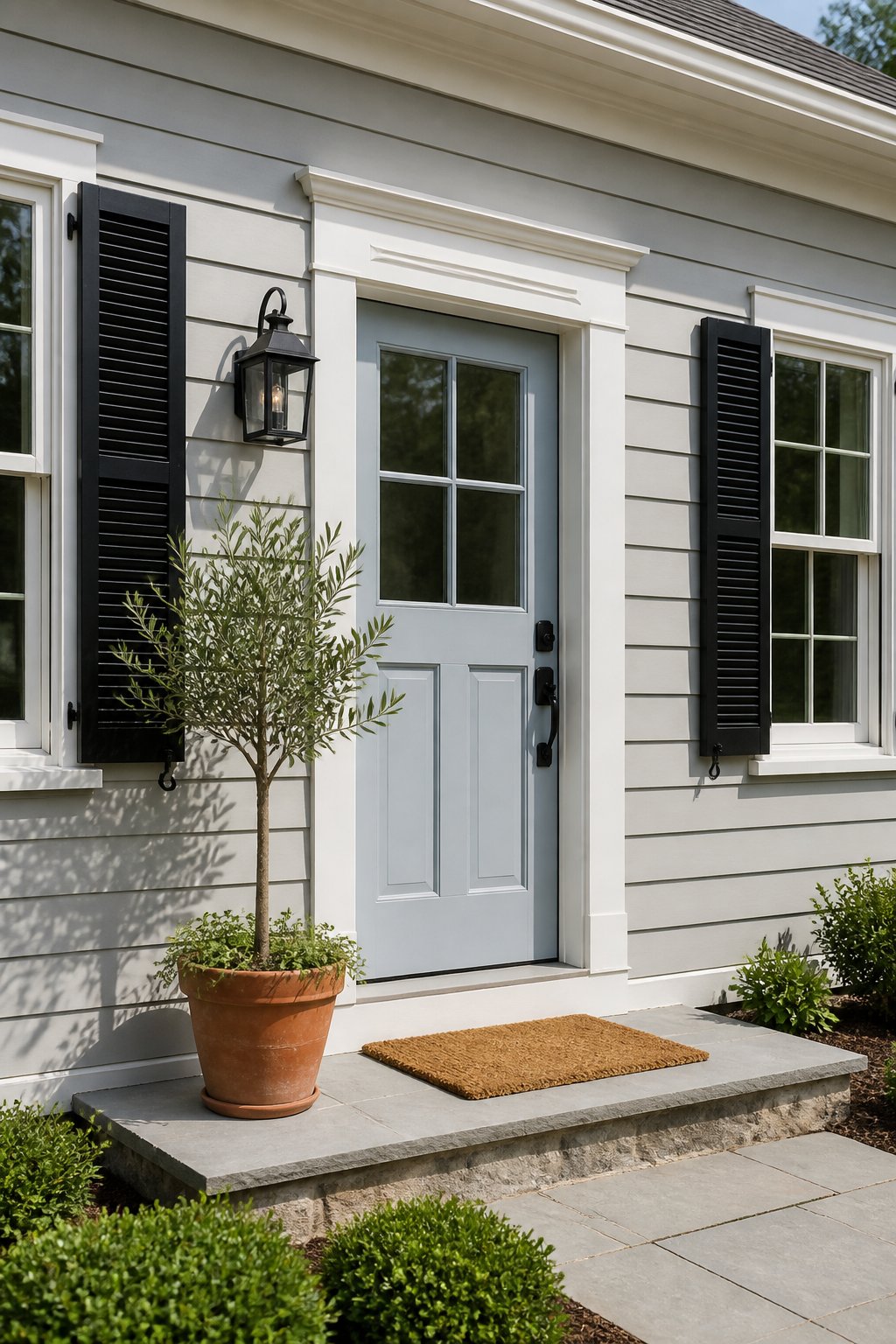 A light-gray house entry with a muted blue door, white trim, black shutters, a lantern, a woven mat, and a terracotta planter with an olive tree.