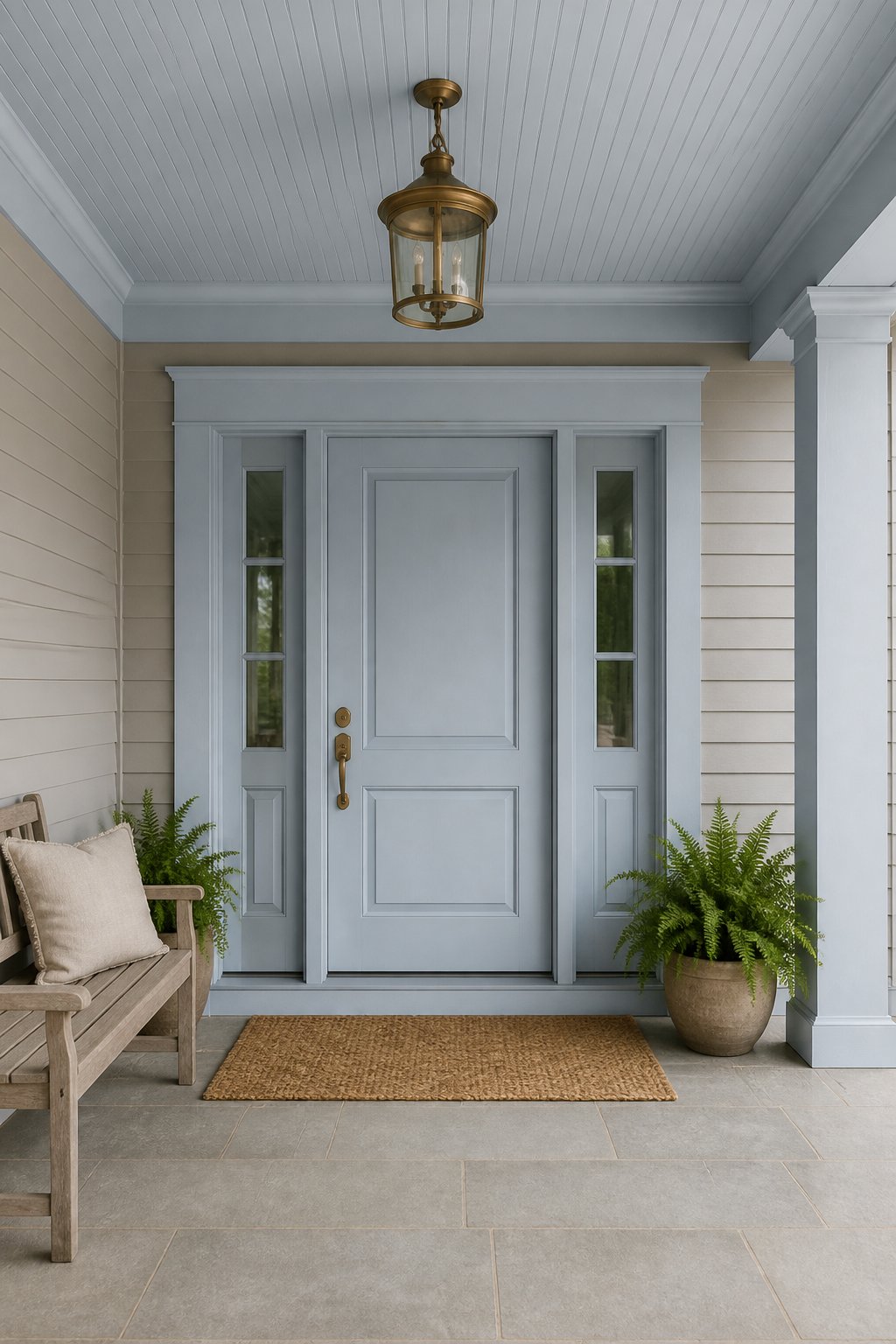 A covered front porch with a muted blue door, matching trim and ceiling, a teak bench, jute mat, brass light, and potted ferns.