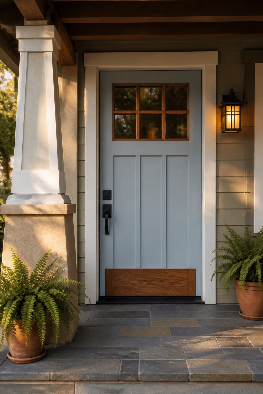 A Craftsman bungalow entry with a muted blue front door, stained wood accents, black hardware, porch columns, slate flooring, and potted ferns in warm sunlight.