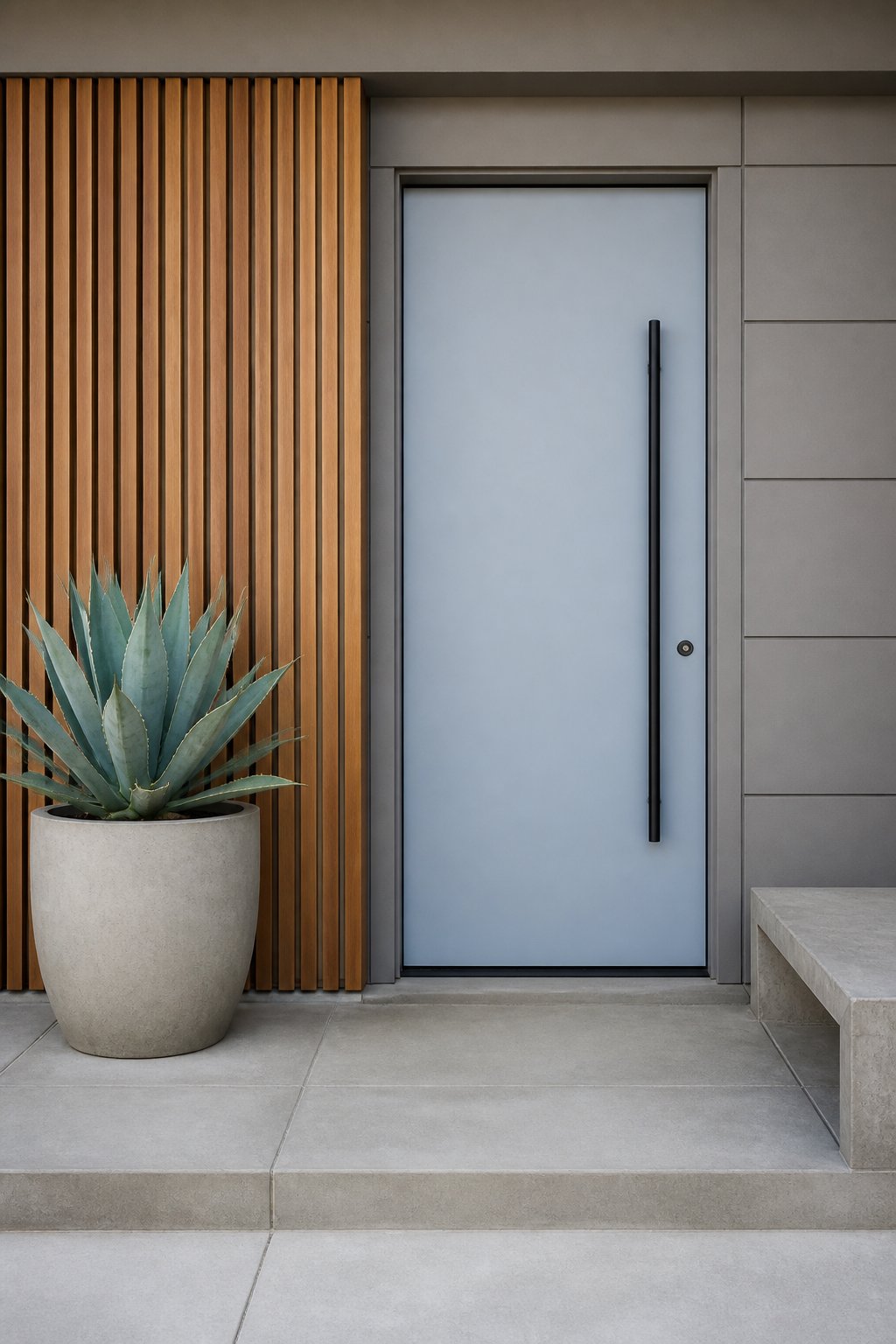 Modern home entry with a muted blue front door, warm wood slats, gray siding, a black handle, an agave planter, and a concrete bench.