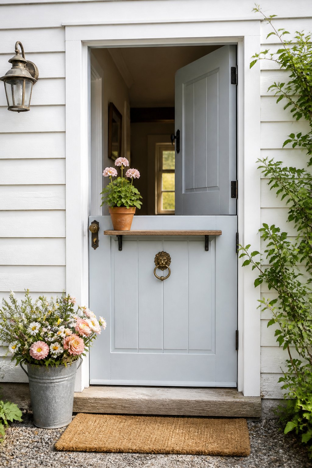 A white cottage with a muted blue Dutch door open at the top, decorated with flowers and a potted geranium.