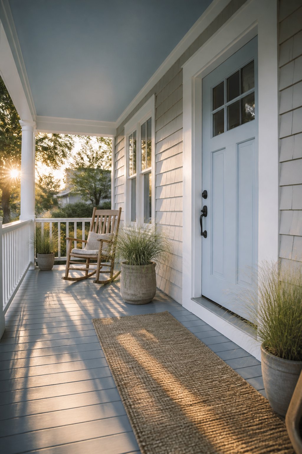 A modest front porch with a blue door, blue-painted floor, white railings, a rocking chair, a woven runner, and potted grasses in warm evening light.