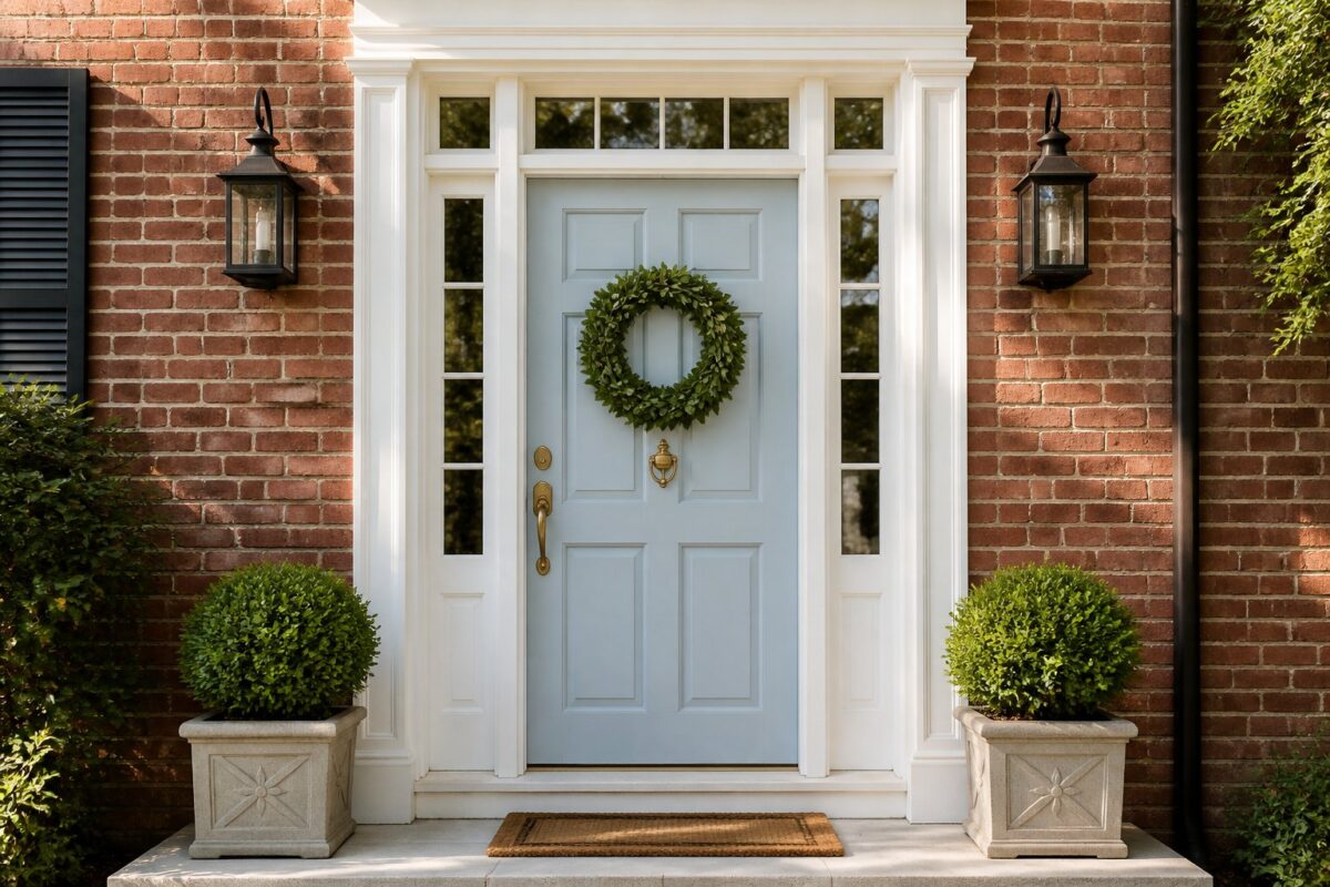 A sky-blue six-panel front door with white trim on a red brick house, decorated with a wreath and flanked by potted boxwoods.