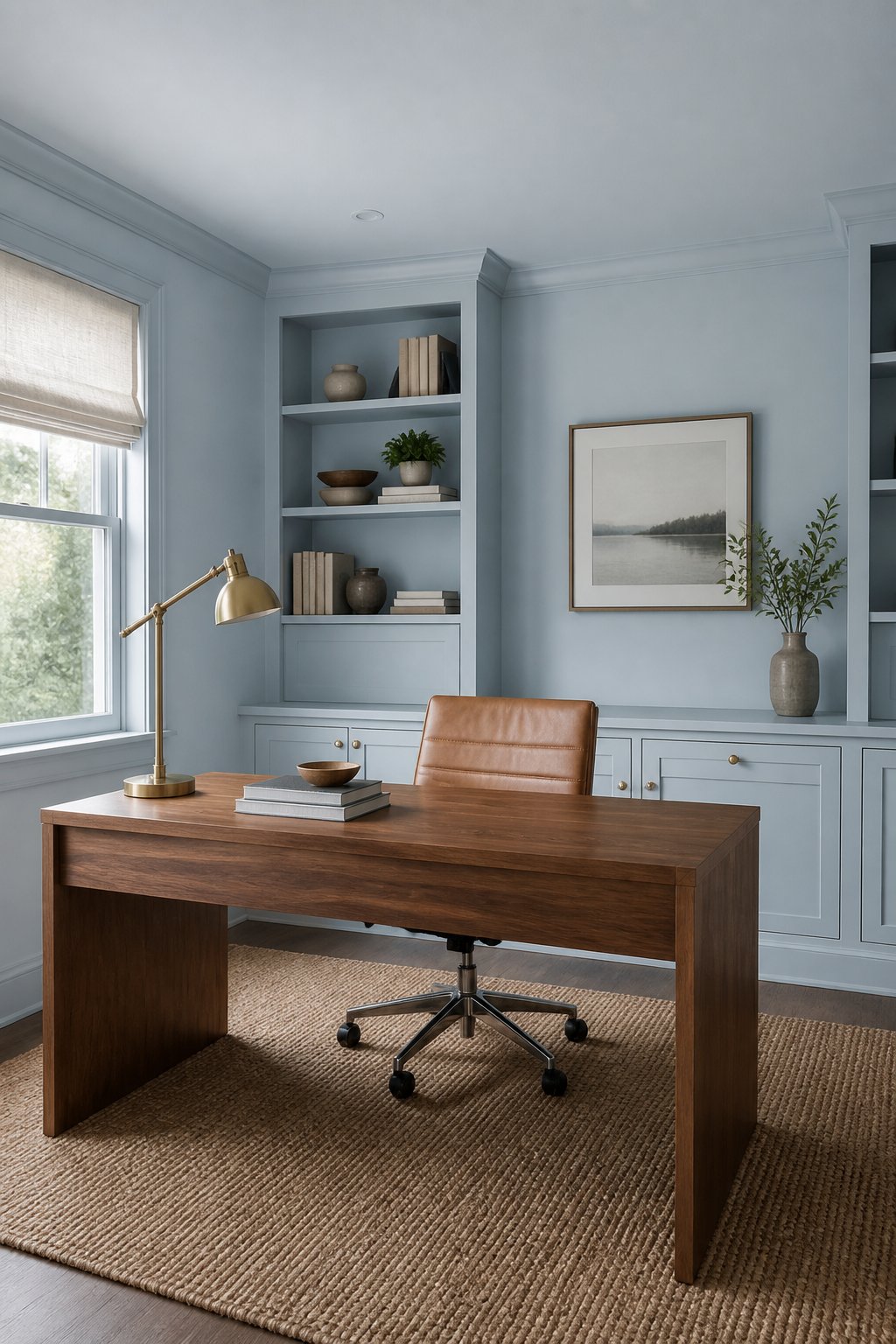 A calm home office with muted blue walls, a walnut desk, tan leather chair, brass lamp, books, and a woven rug beside a shaded window.