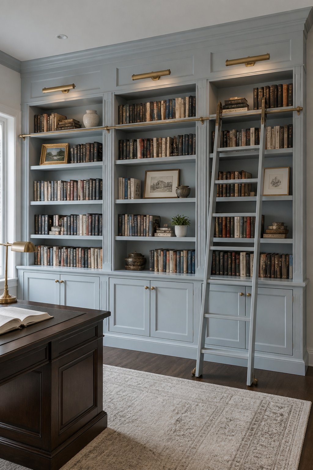 A home office with a full wall of muted blue built-in bookshelves, books, artwork, ceramics, brass lights, and a matching rolling ladder.