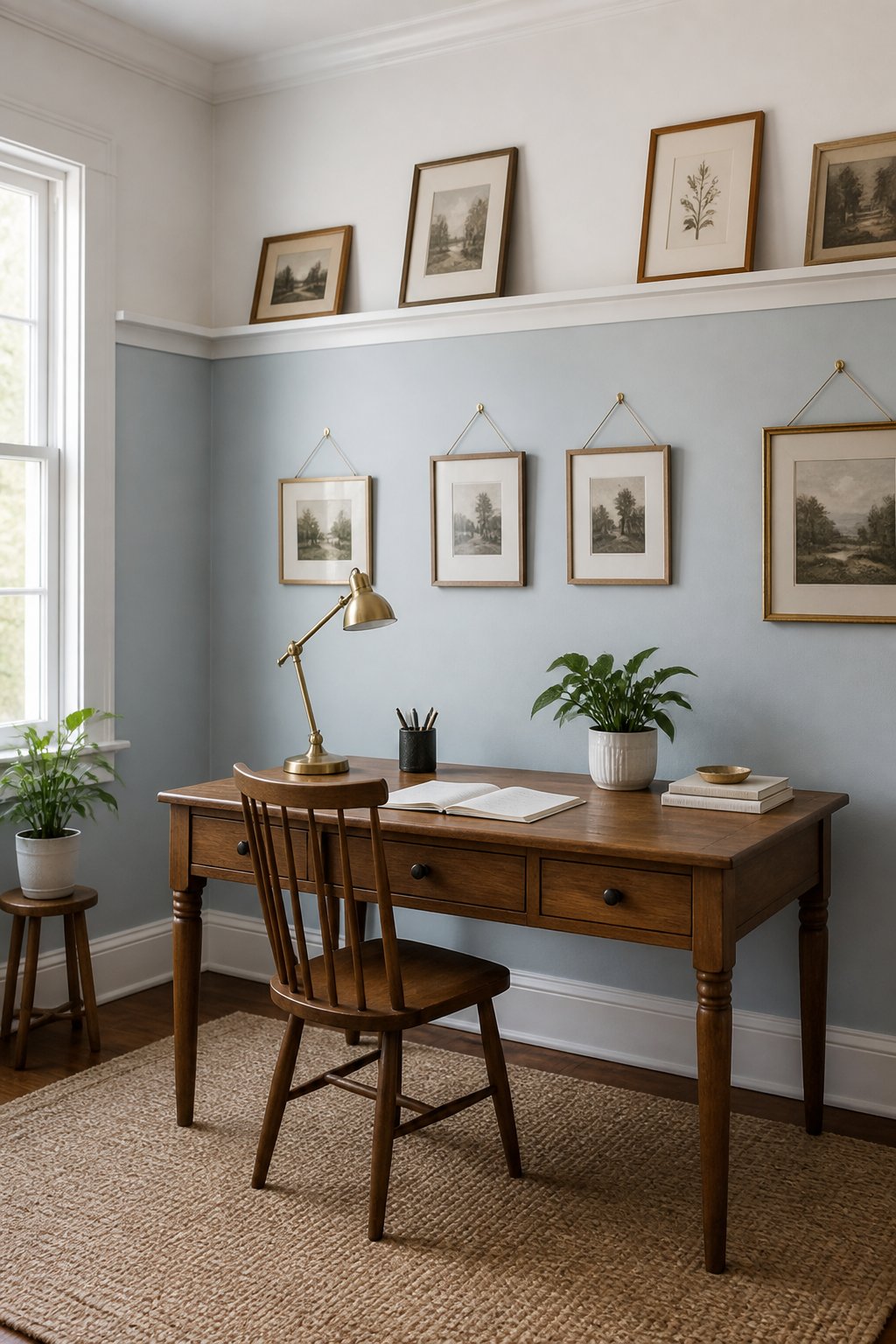 A traditional home office with blue lower walls, pale upper walls, framed artwork, a wooden desk, a spindle chair, and a brass lamp.