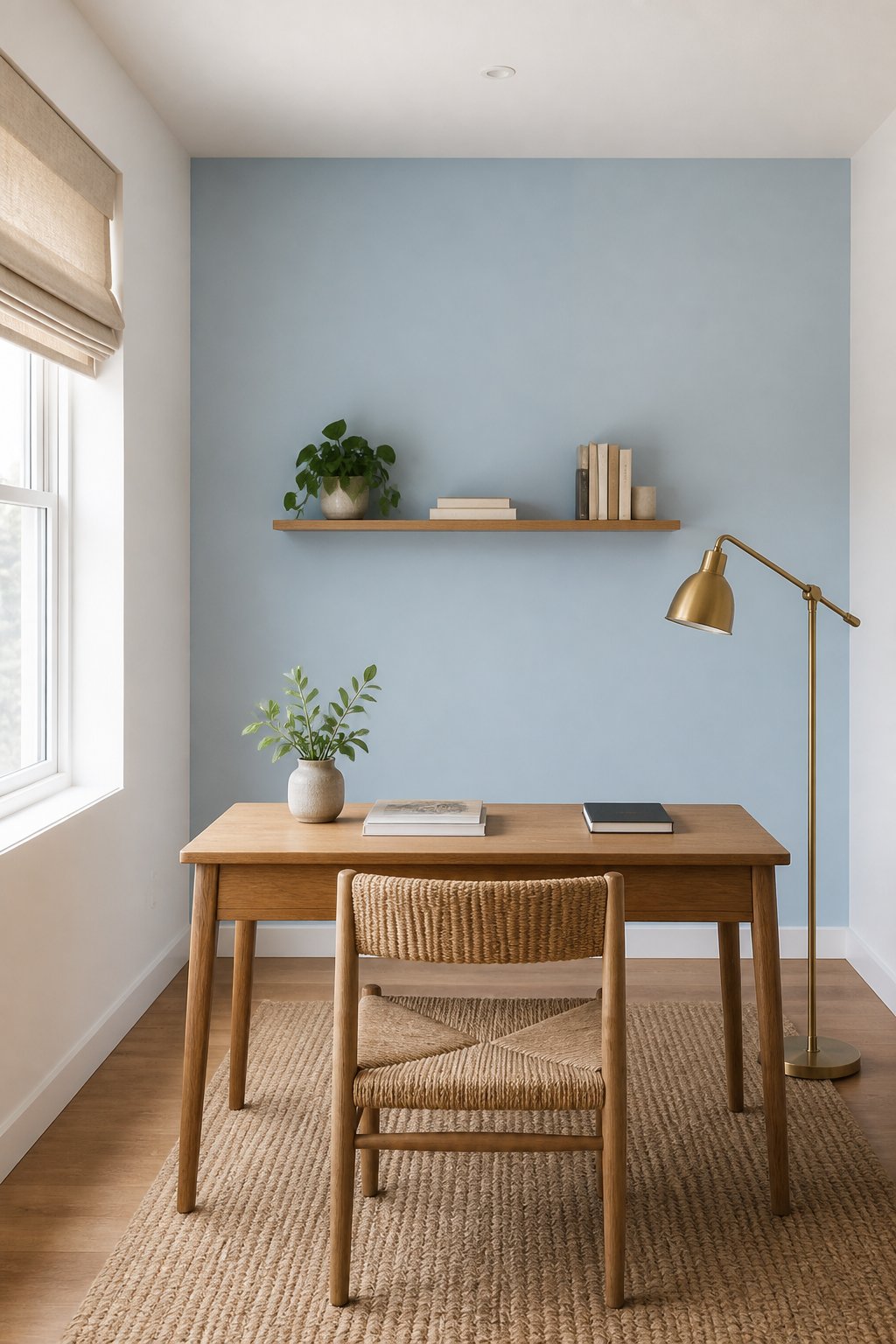 A bright home office with a muted sky-blue accent wall behind a wooden desk, a woven chair, plants, books, a brass floor lamp, and a linen window shade.