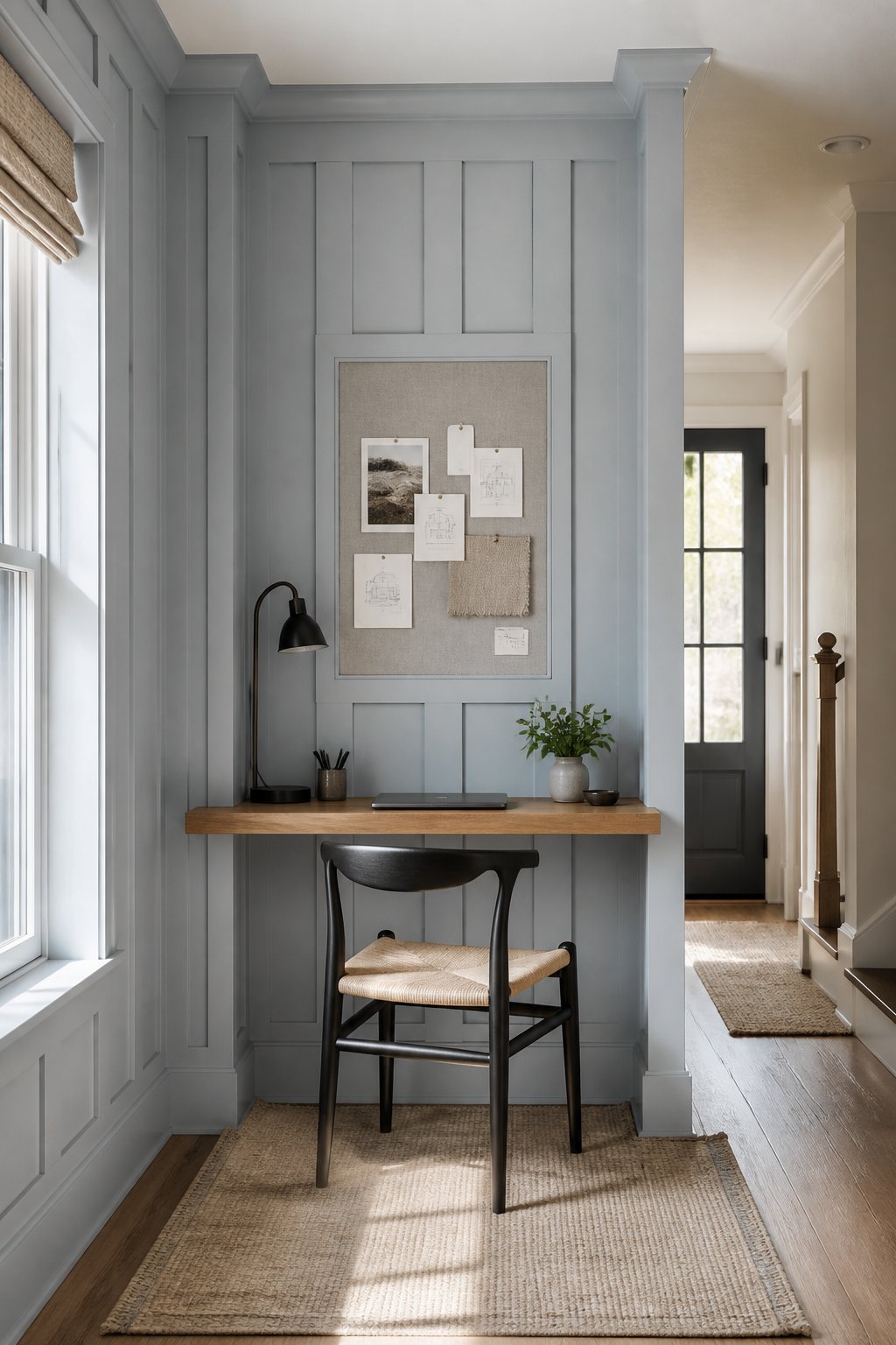 A compact blue-gray board-and-batten work nook in a hallway corner with a floating wood desk, chair, pinboard, task light, and small rug.