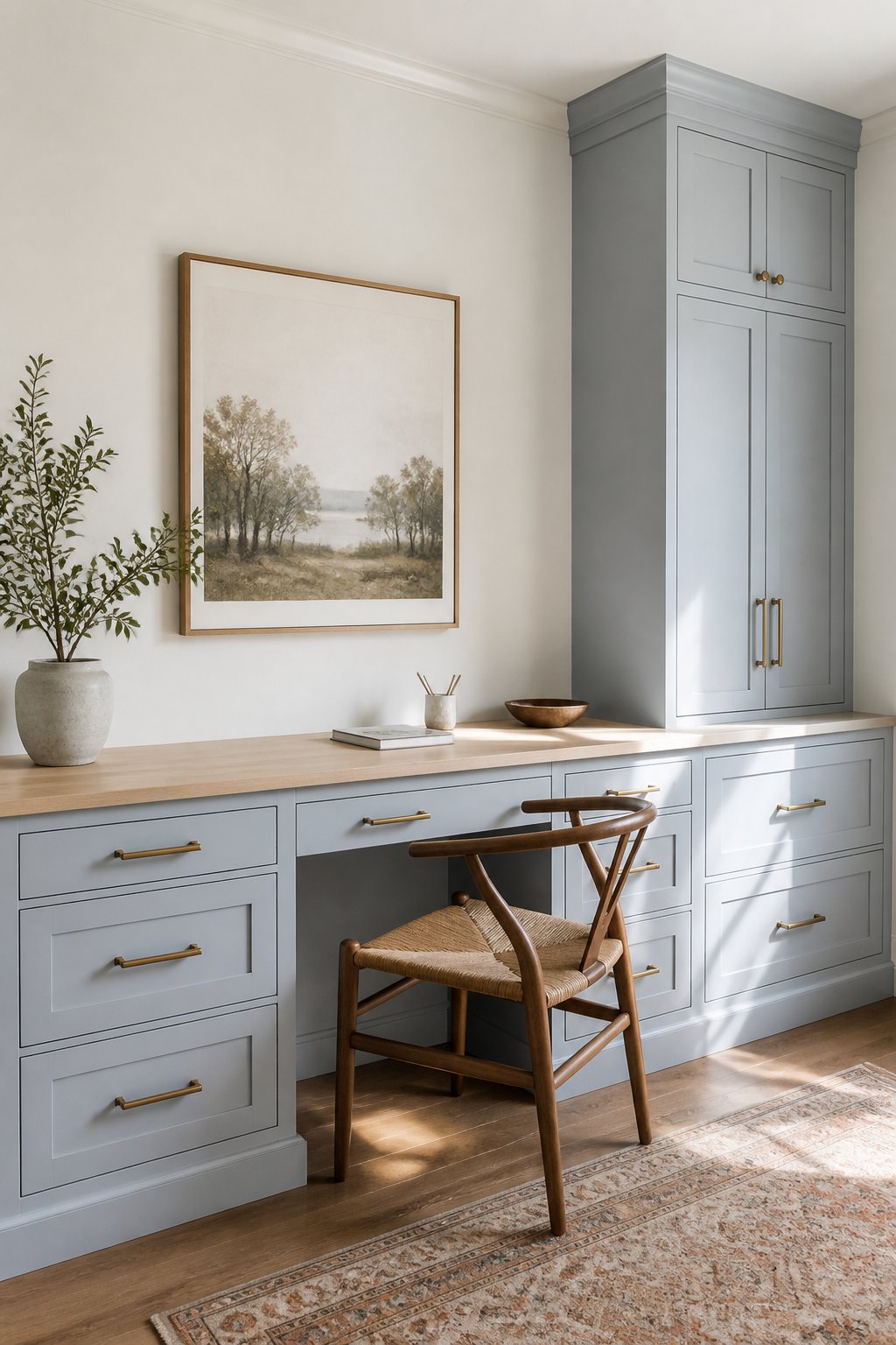 A bright home office with pale walls, blue-gray cabinetry, a wooden desk, a chair, framed art, and a potted plant.