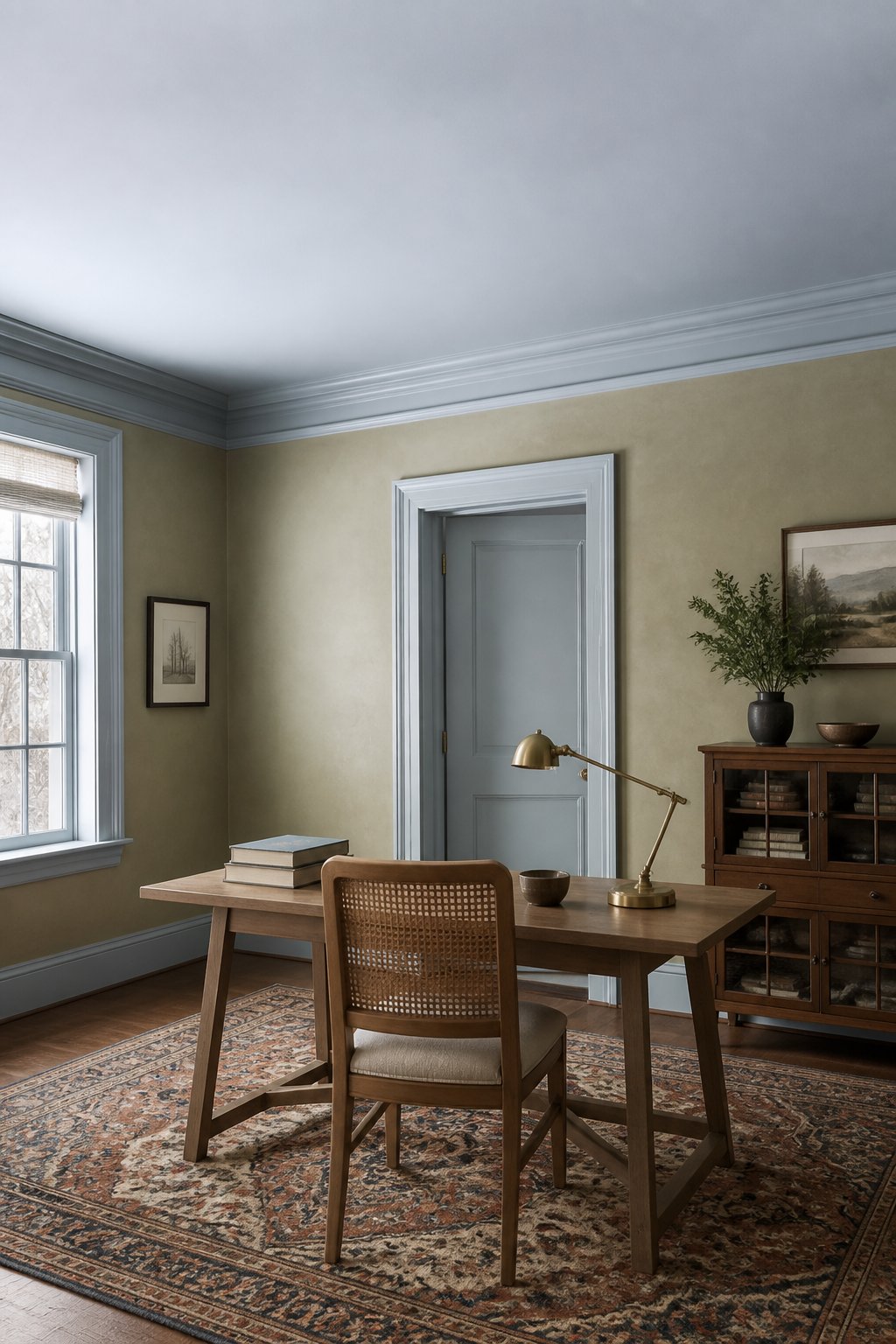 A calm home office with a blue ceiling, textured warm walls, a wooden desk, a cane chair, a patterned rug, a desk lamp, and stacked books.