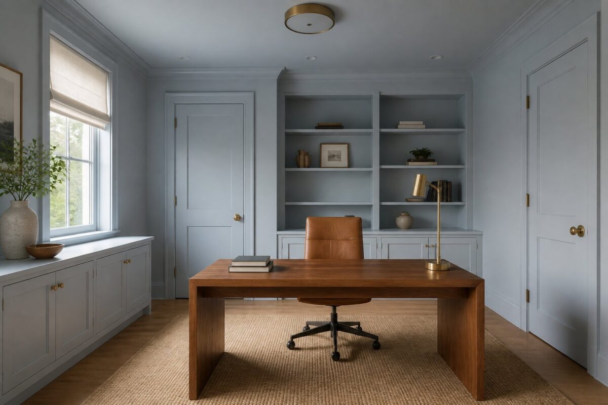 A calm blue-gray home office with a walnut desk, tan leather chair, brass lamp, books, and a woven rug beside a shaded window.