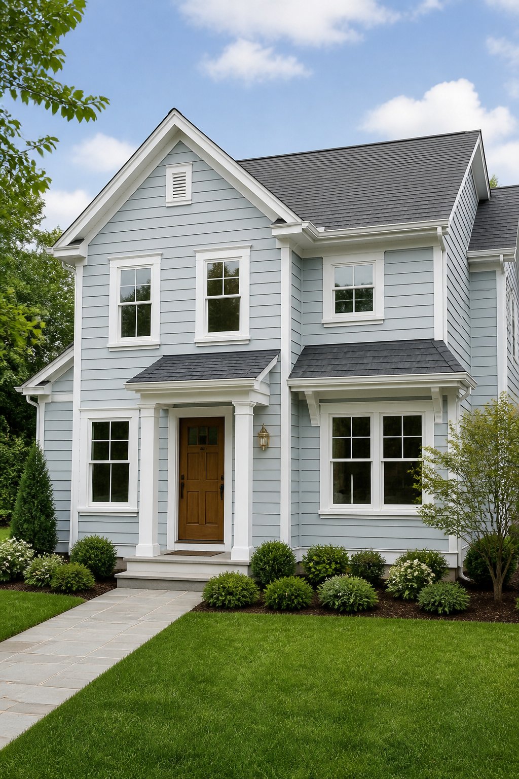 A two-story blue house with white trim, a wooden front door, green plants, and a stone walkway.