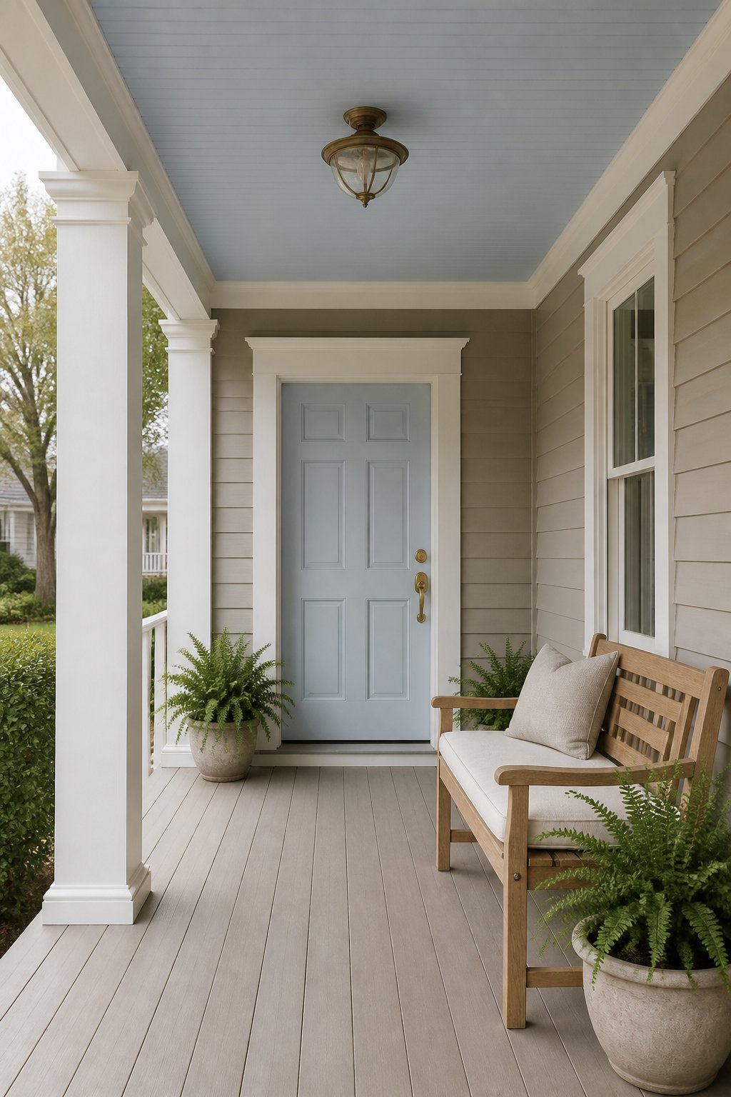 A covered porch with a soft blue front door and ceiling, white trim, a teak bench, an aged-brass light, and potted ferns.