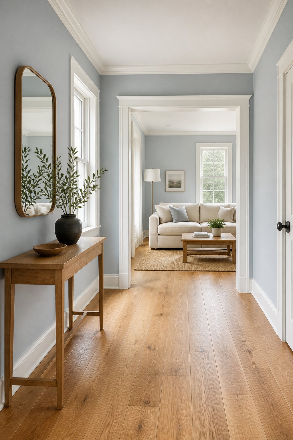 A blue-gray entry hall opens into a living room with a console, mirror, linen sofa, wood coffee table, oak floors, and daylight.