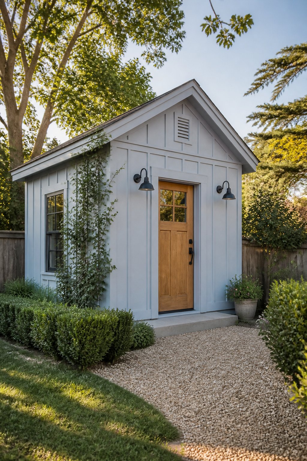 A small muted blue backyard studio with a wooden door, black lights, climbing greenery, a gravel path, and a clipped hedge in warm evening light.