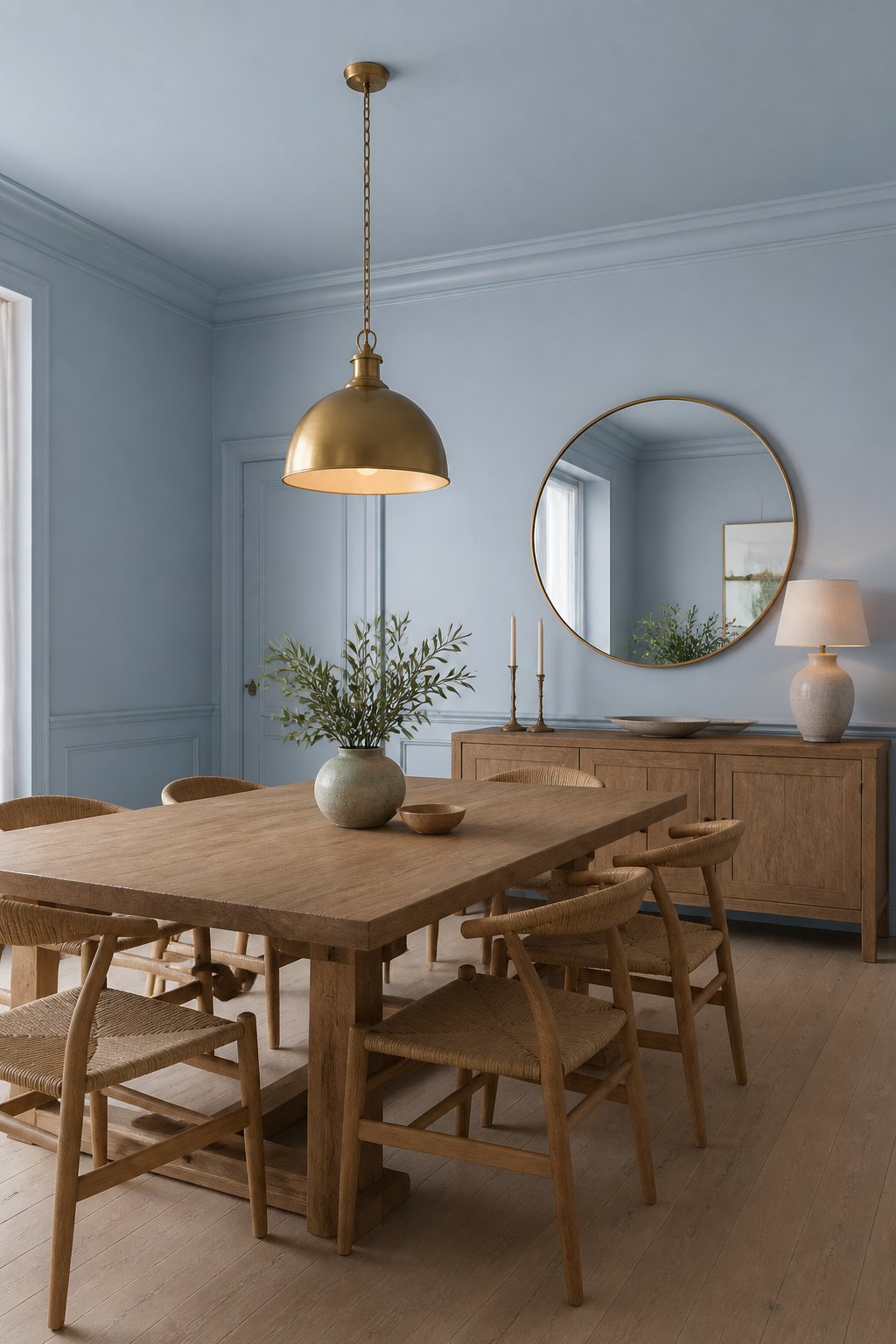 A calm blue dining room with a wooden table, woven chairs, a brass pendant light, a round mirror, and an oak sideboard.
