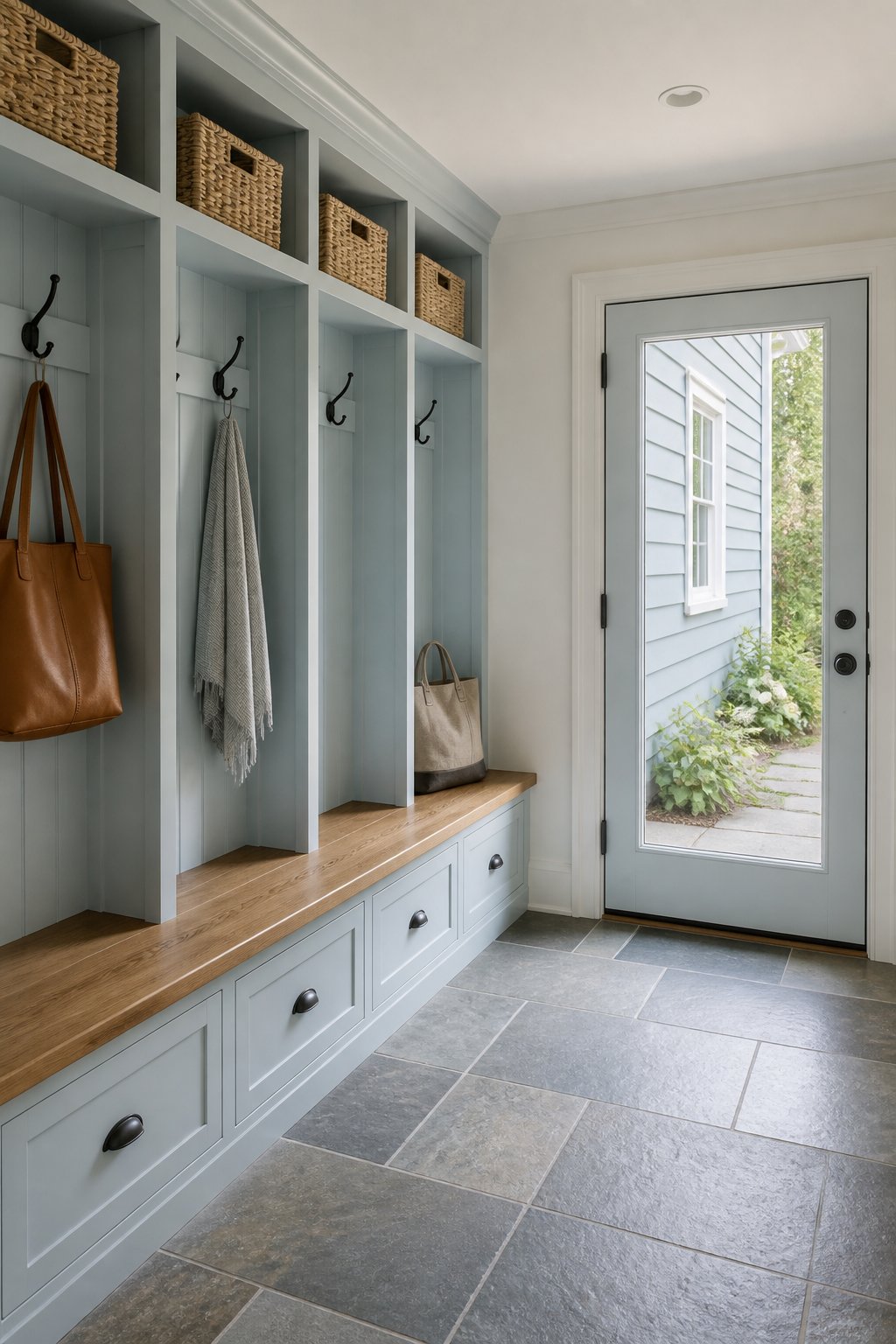 A bright mudroom with blue built-in lockers, a wooden bench, black hooks, baskets, slate flooring, and a glass back door showing matching blue-gray siding.